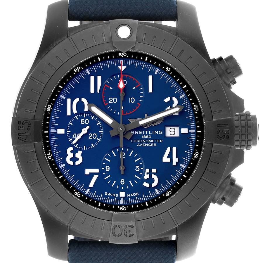 The Breitling Avenger watch is shown from a front angle displaying the face, bezel, and pushers.