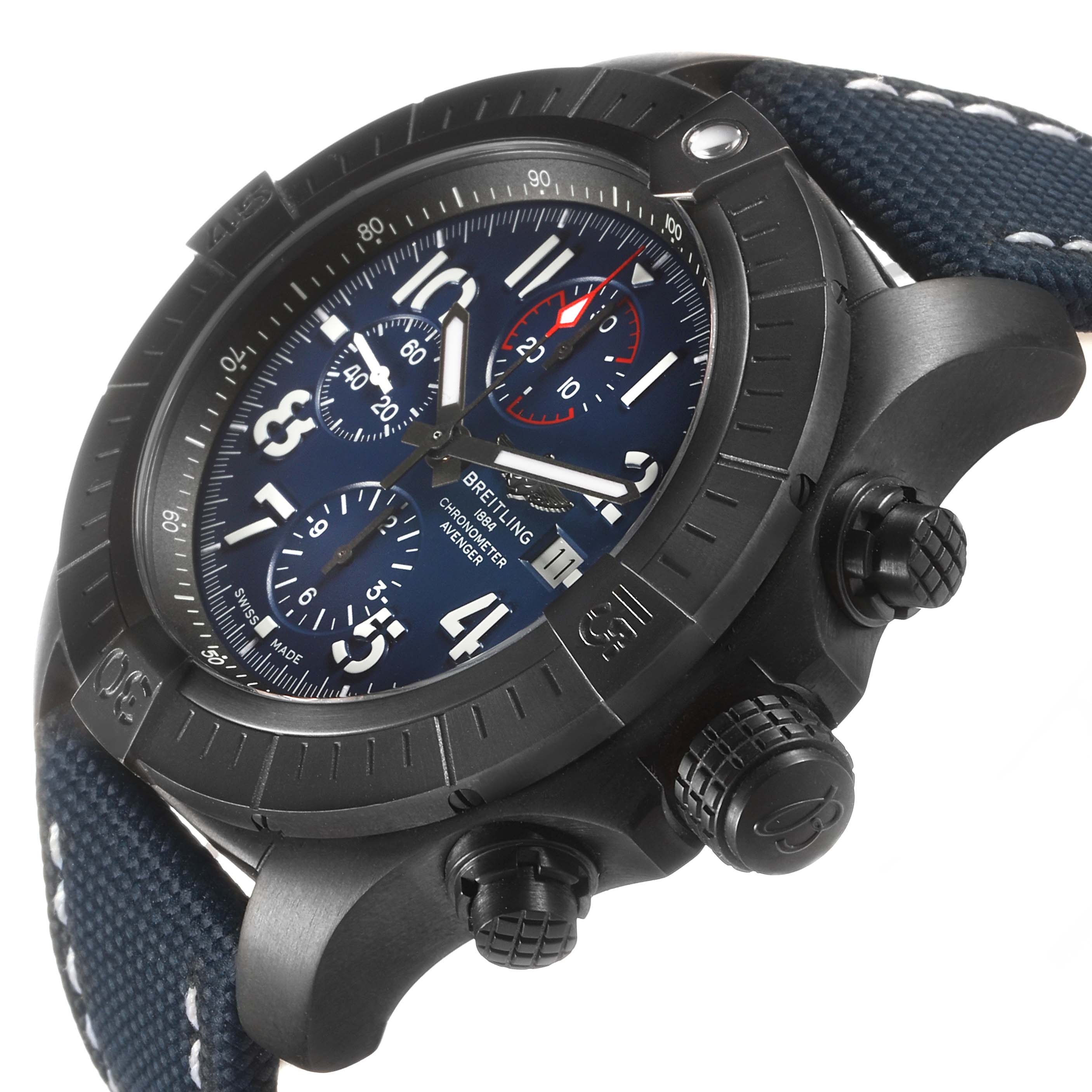 This image shows the Breitling Avenger V13375101C1X1 Men's Titanium Blue Dial watch at a slight angle featuring its face, bezel, and side buttons.