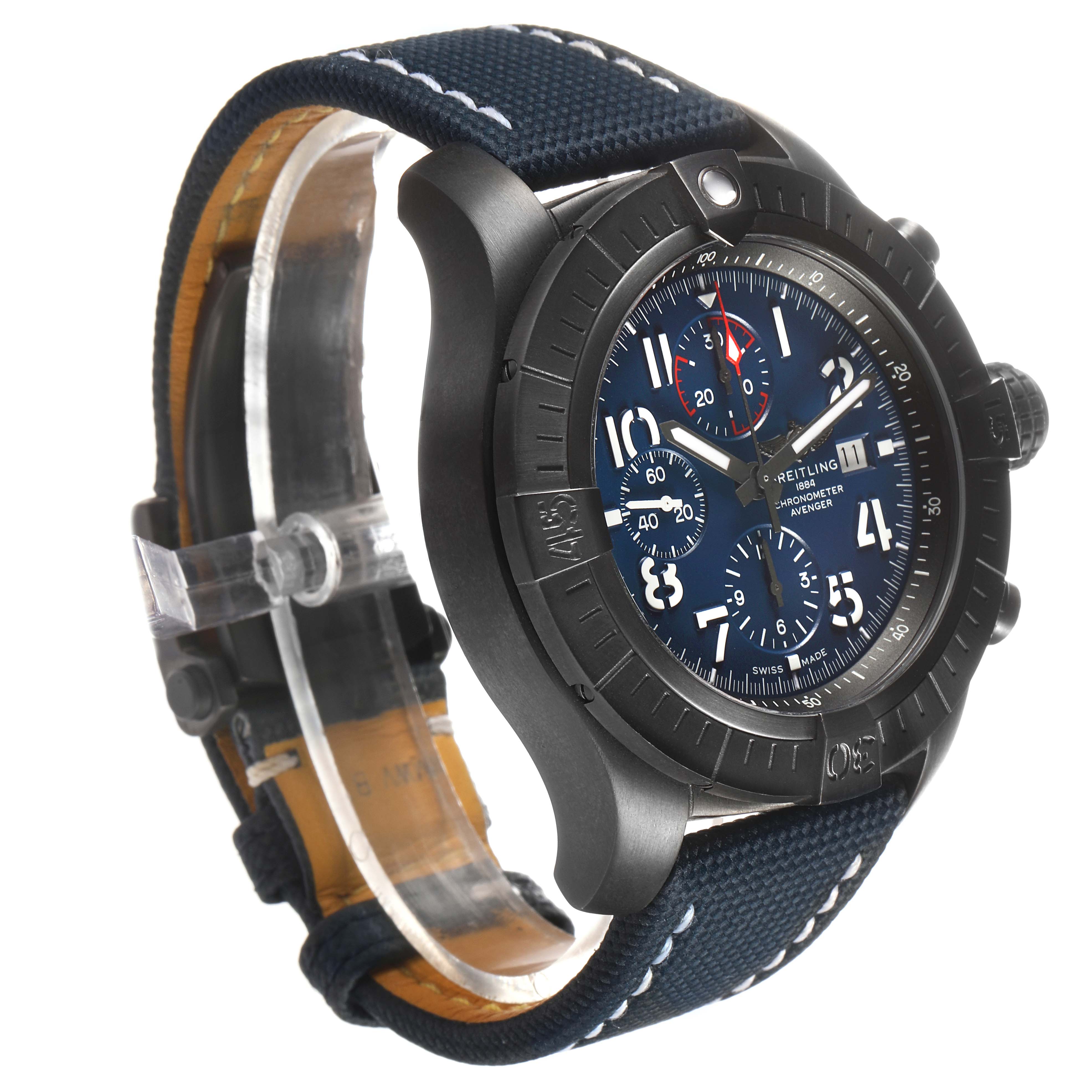 The Breitling Avenger V13375101C1X1 Men's Titanium Blue Dial watch is shown at an angled side view, displaying the bezel, crown, dial, and strap.