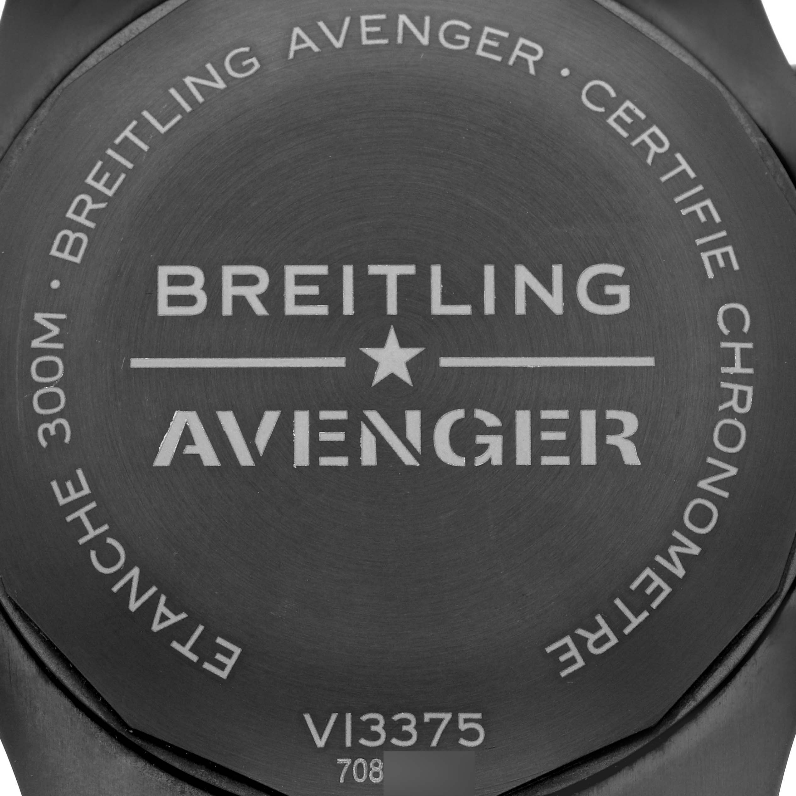 The image shows the back of a Breitling Avenger V13375101C1X1 Men's Titanium Blue Dial watch, highlighting its branding and certification details.