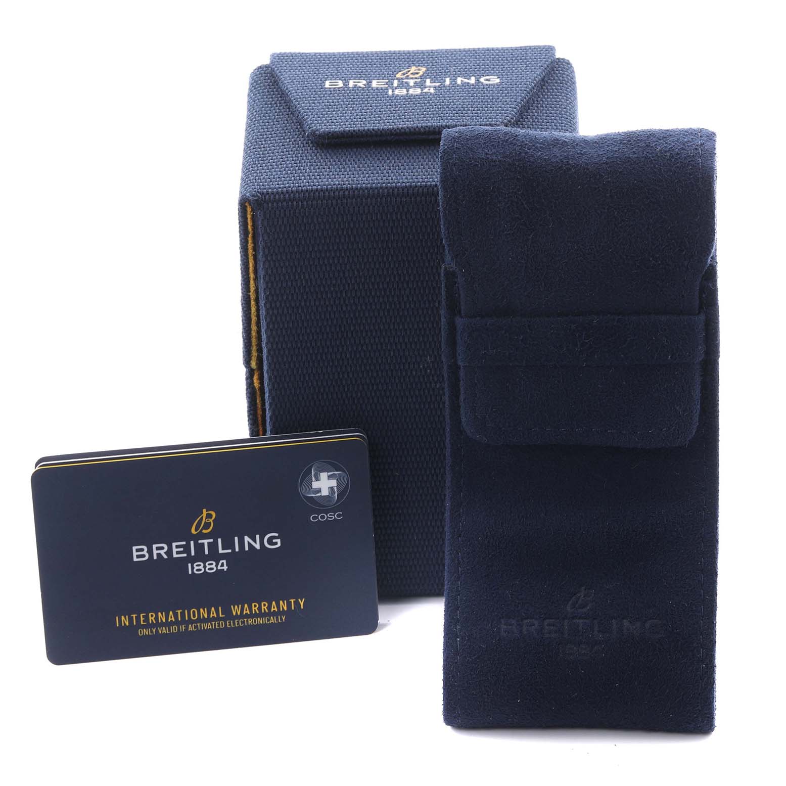 The image shows a Breitling Avenger V13375101C1X1 Men's Titanium Blue Dial watch box, a pouch, and an international warranty card.