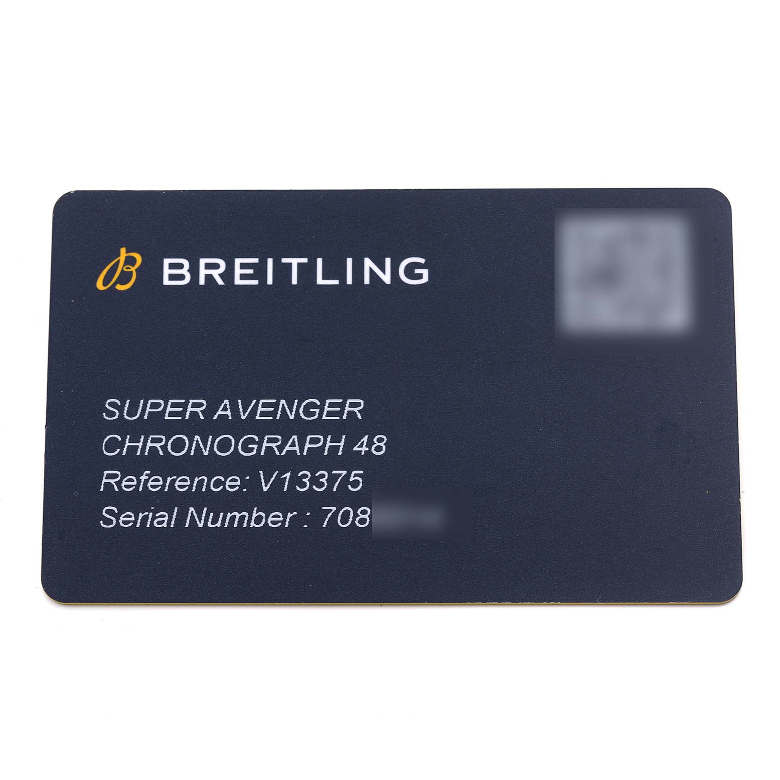 The image shows a warranty card for the Breitling Super Avenger Chronograph 48 with reference and serial numbers.