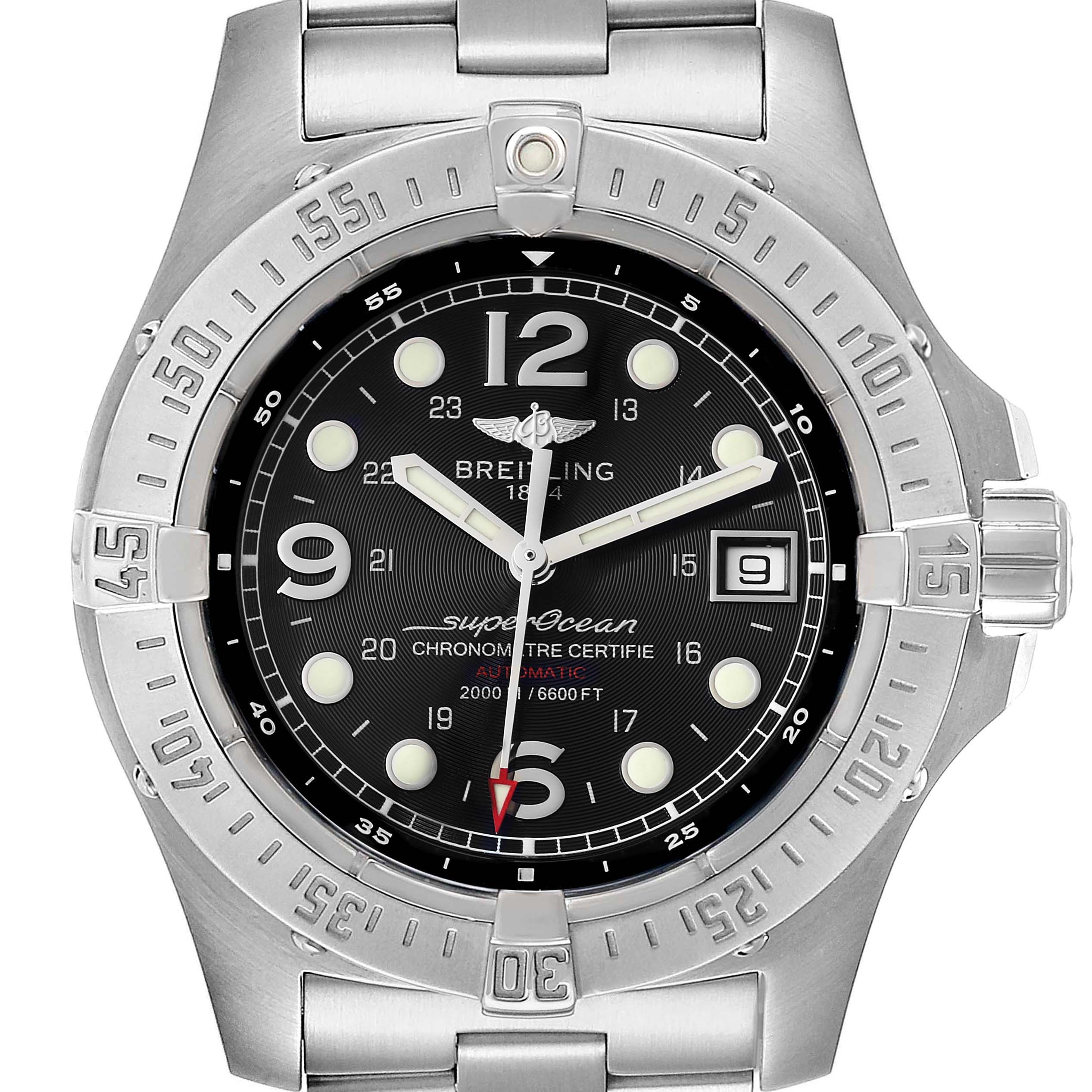 This image shows a front view of the Breitling Superocean A17390 Men's Stainless Steel Black Dial A17390 Men's Stainless Steel Black Dial watch, highlighting its dial, bezel, and metal bracelet.