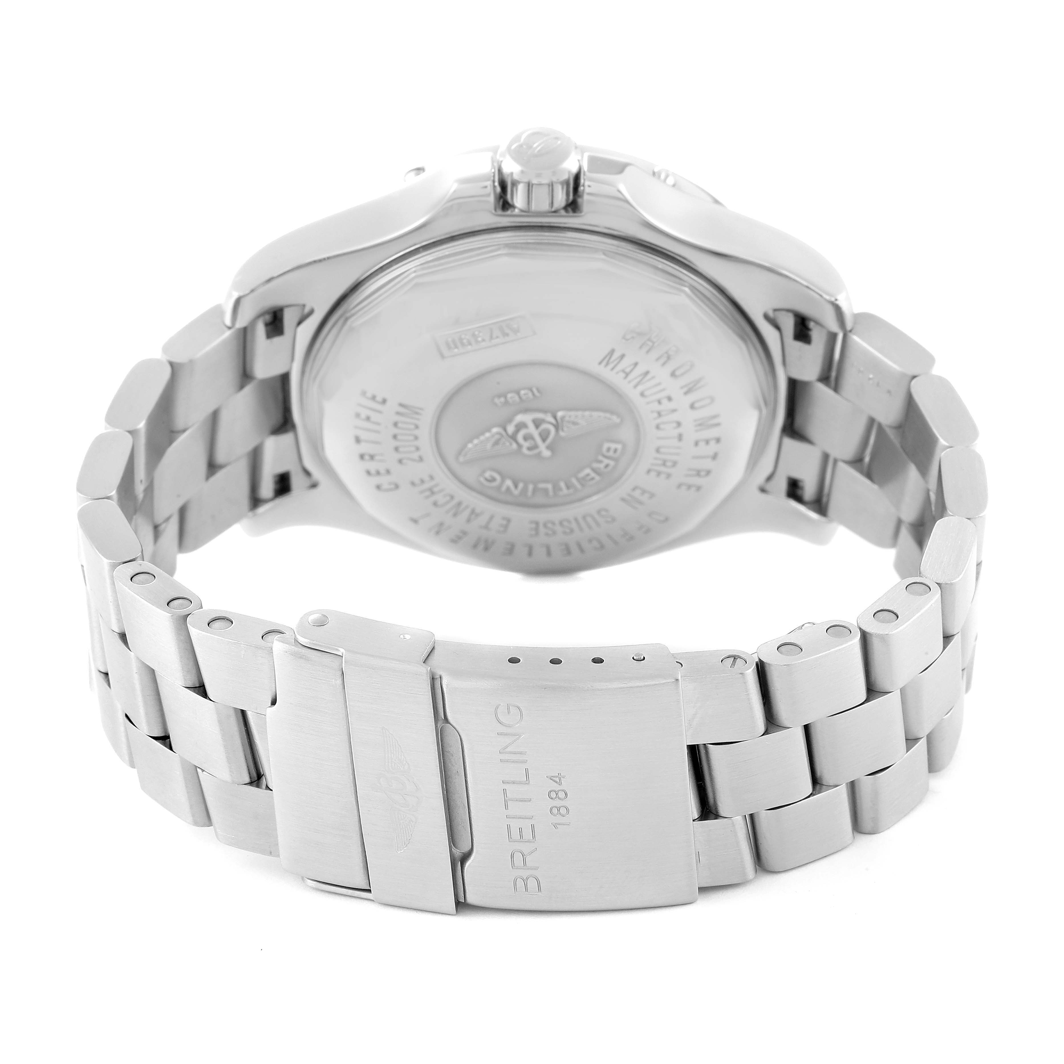 The image shows the back and clasp of the Breitling Superocean A17390 Men's Stainless Steel Black Dial A17390 Men's Stainless Steel Black Dial watch at an angle, highlighting the bracelet and engravings.