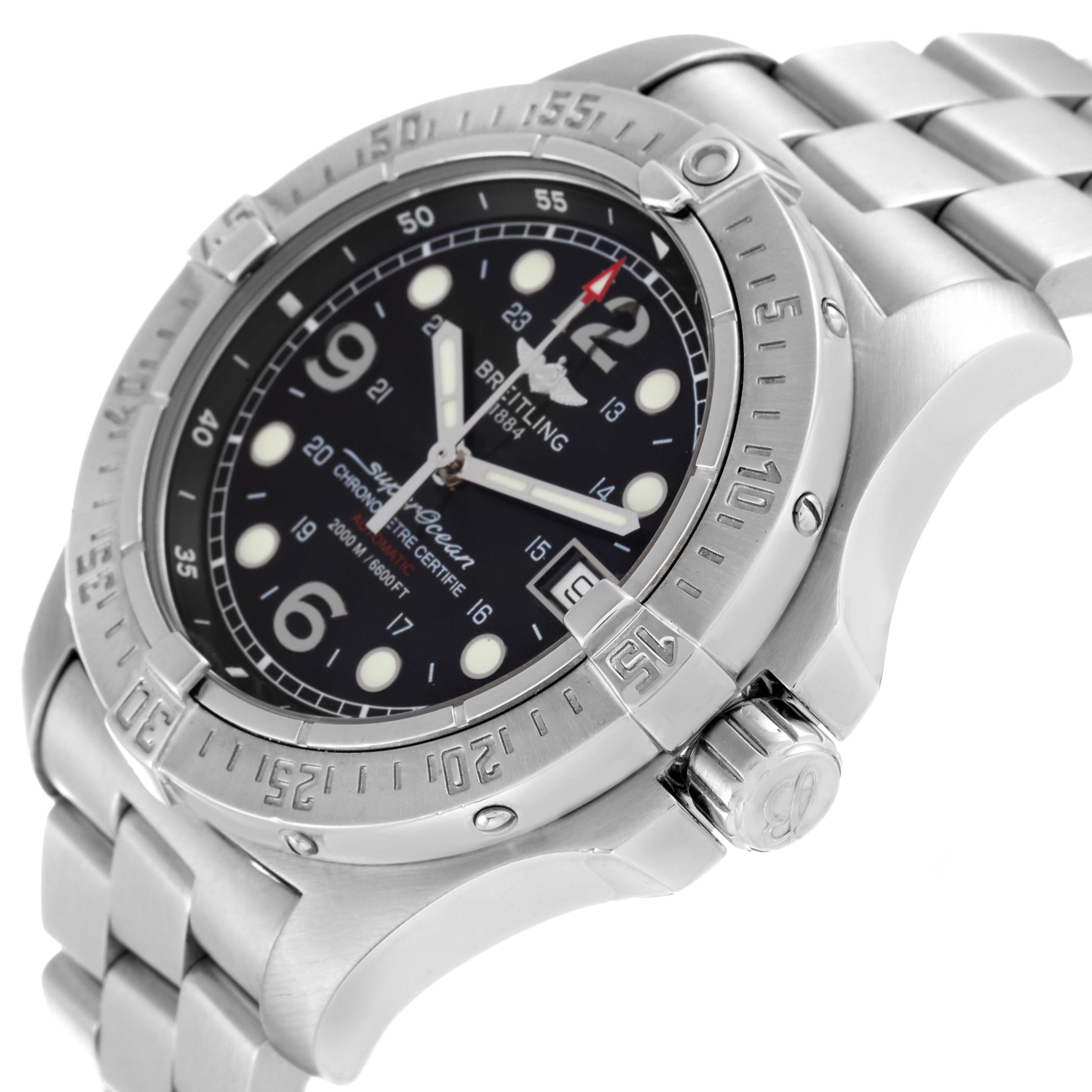 The image shows a Breitling Superocean A17390 Men's Stainless Steel Black Dial A17390 Men's Stainless Steel Black Dial watch from a side perspective, highlighting the bezel, dial, and part of the stainless steel bracelet.