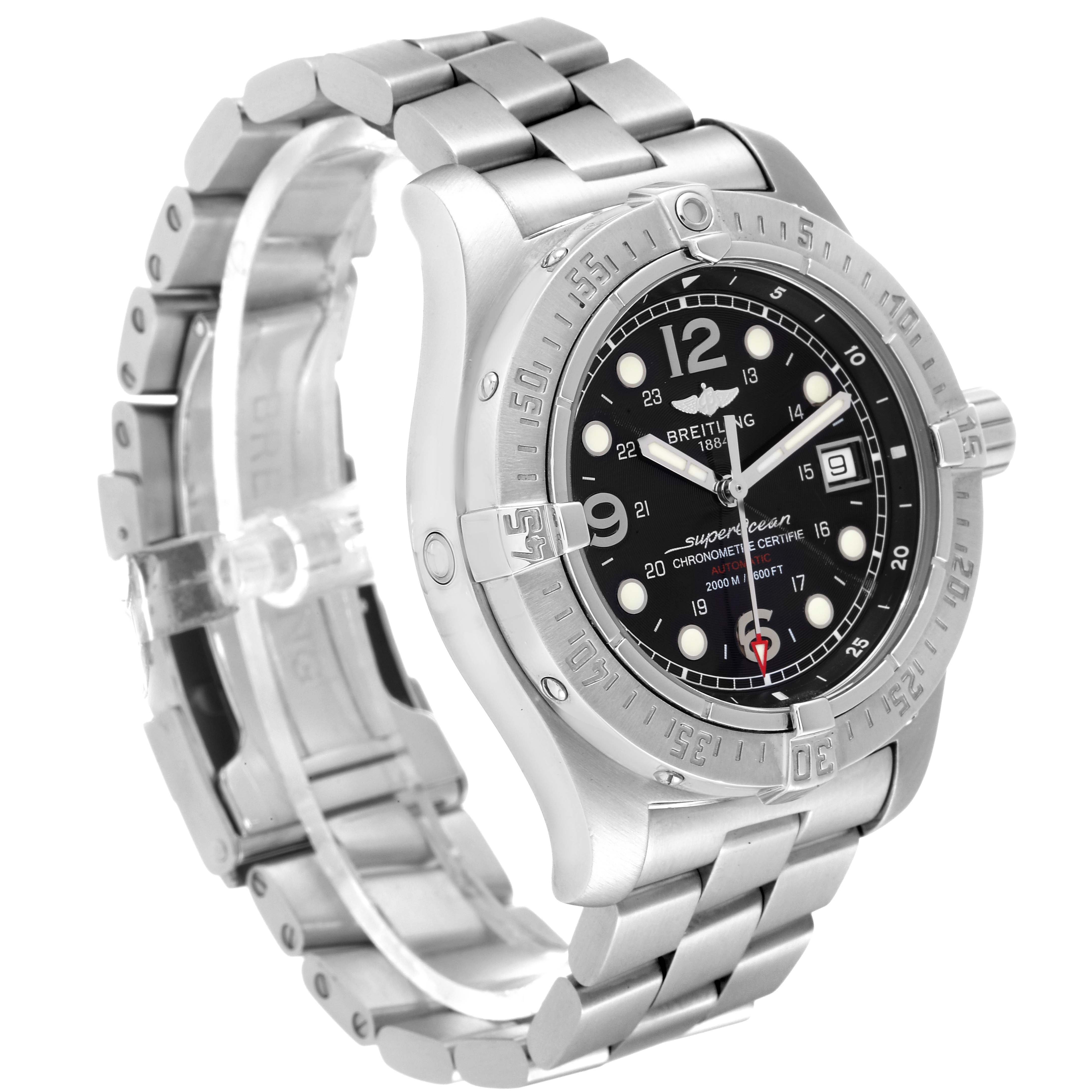 The image shows a side angle of the Breitling Superocean A17390 Men's Stainless Steel Black Dial A17390 Men's Stainless Steel Black Dial watch, highlighting its face, bezel, and stainless steel bracelet.