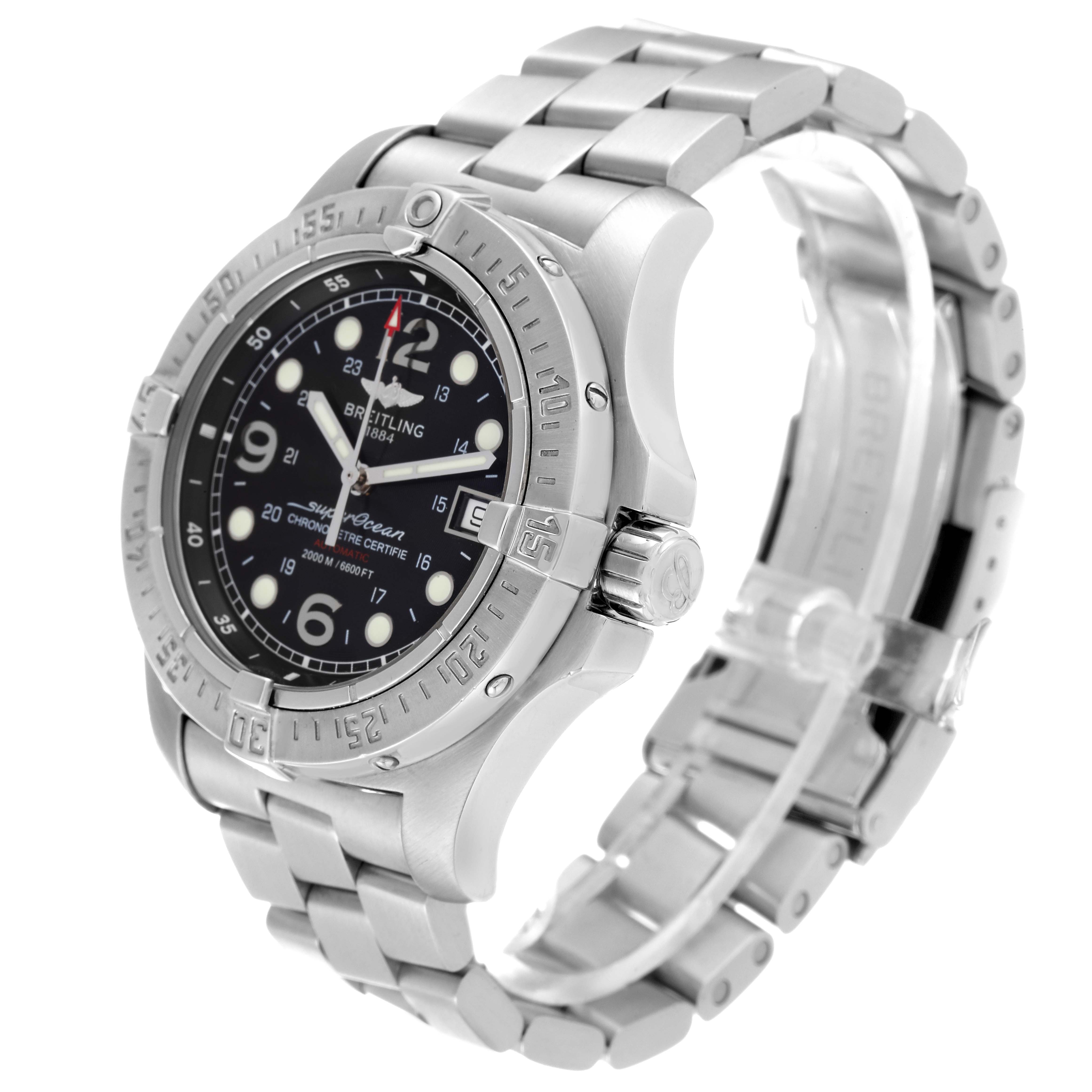 The image shows a Breitling Superocean A17390 Men's Stainless Steel Black Dial A17390 Men's Stainless Steel Black Dial watch from a front-right angle, highlighting its bezel, dial, and metal bracelet.