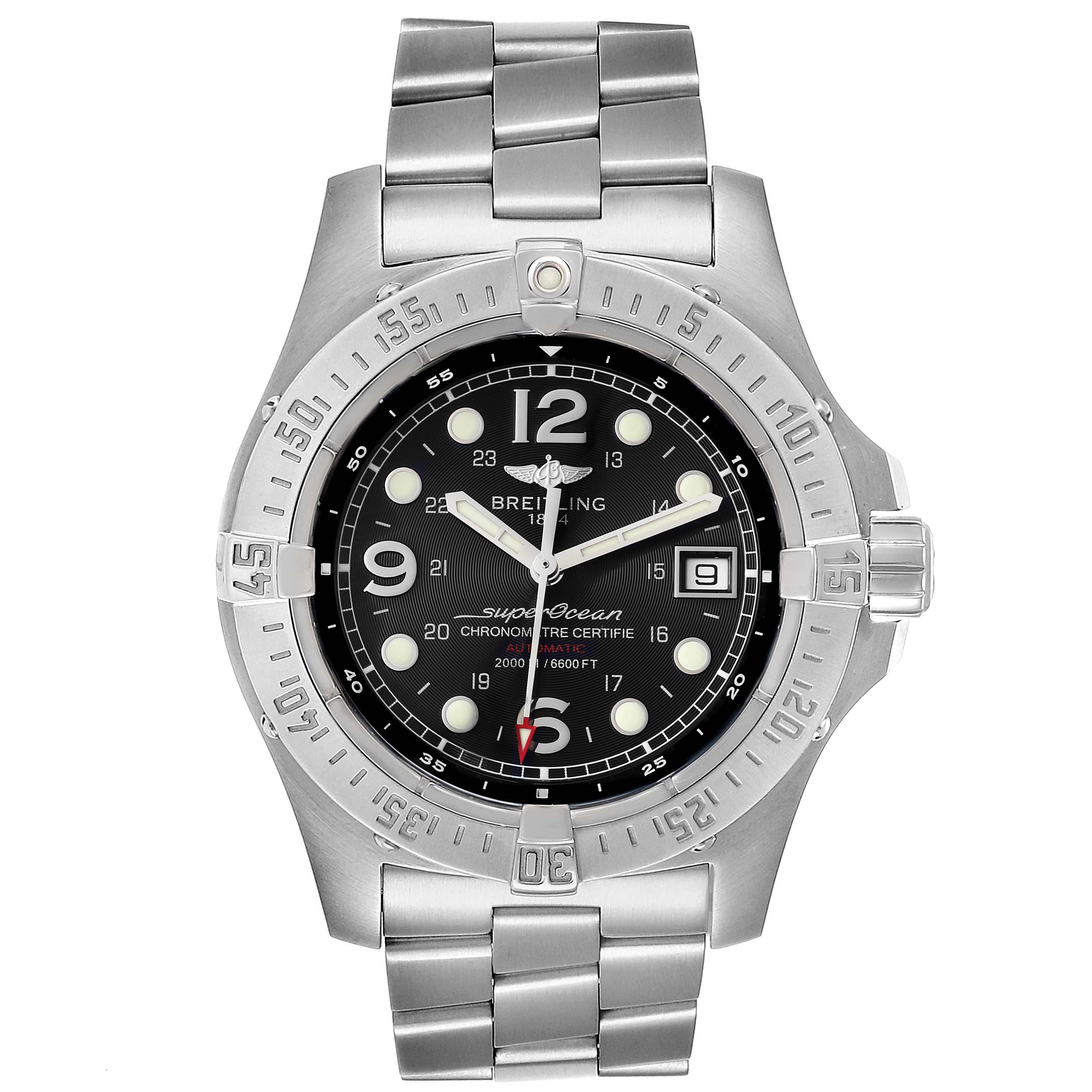 This image shows a front view of the Breitling Superocean A17390 Men's Stainless Steel Black Dial A17390 Men's Stainless Steel Black Dial watch, highlighting its dial, bezel, and metal bracelet.