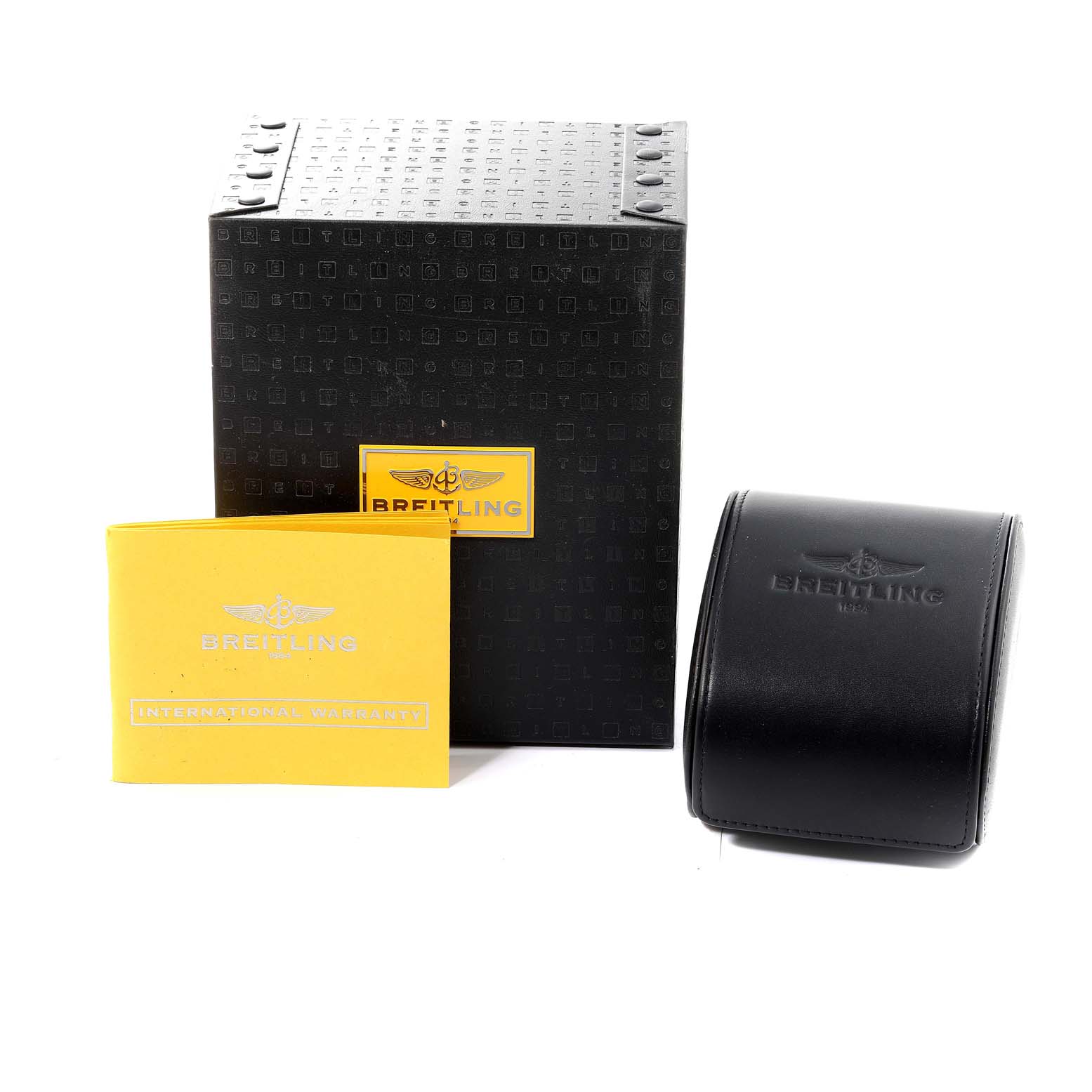 The image shows the packaging, a warranty booklet, and a carrying case for the Breitling Superocean A17390 Men's Stainless Steel Black Dial A17390 Men's Stainless Steel Black Dial watch model.