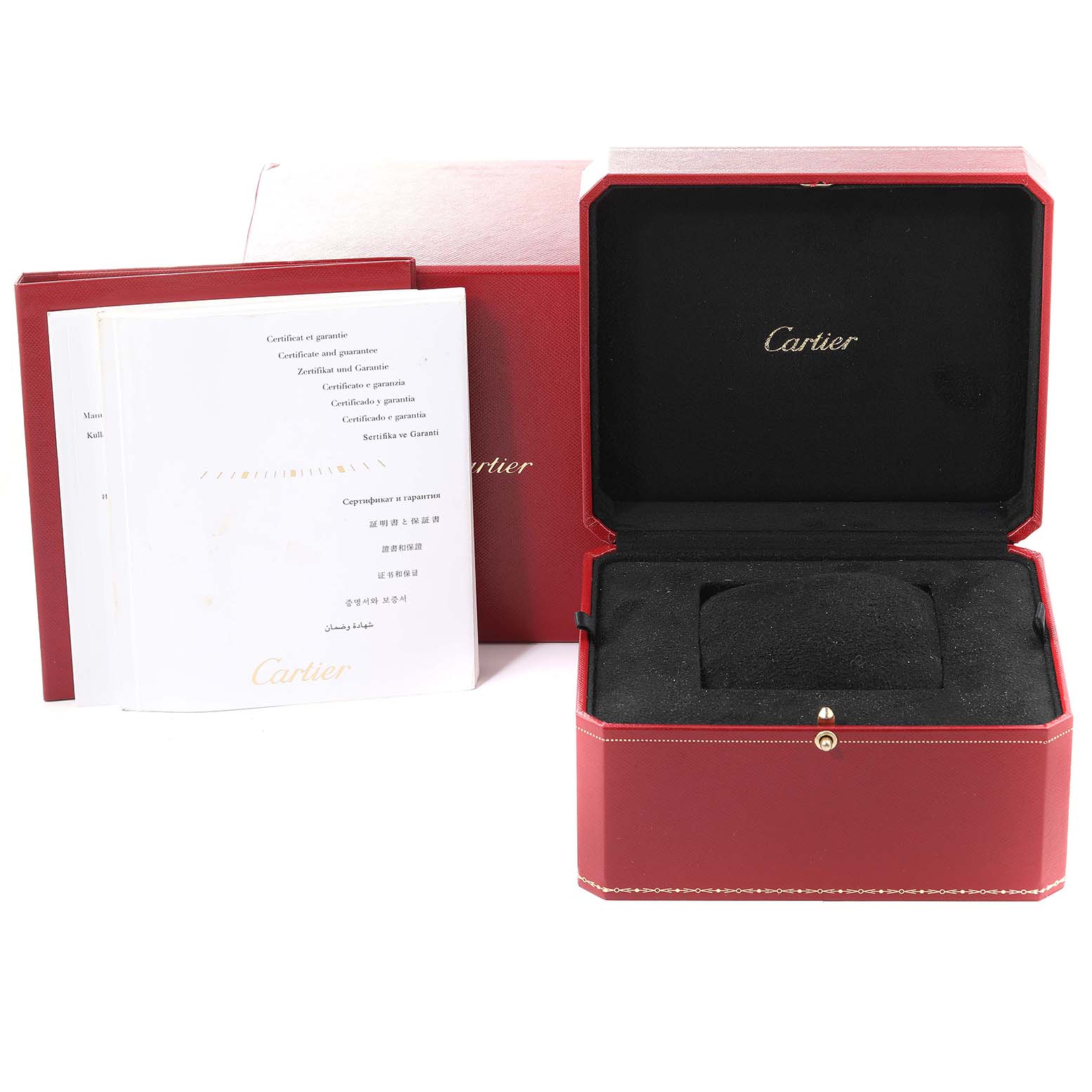 The image shows an open red Cartier box and accompanying documents for the Ballon Bleu model watch.