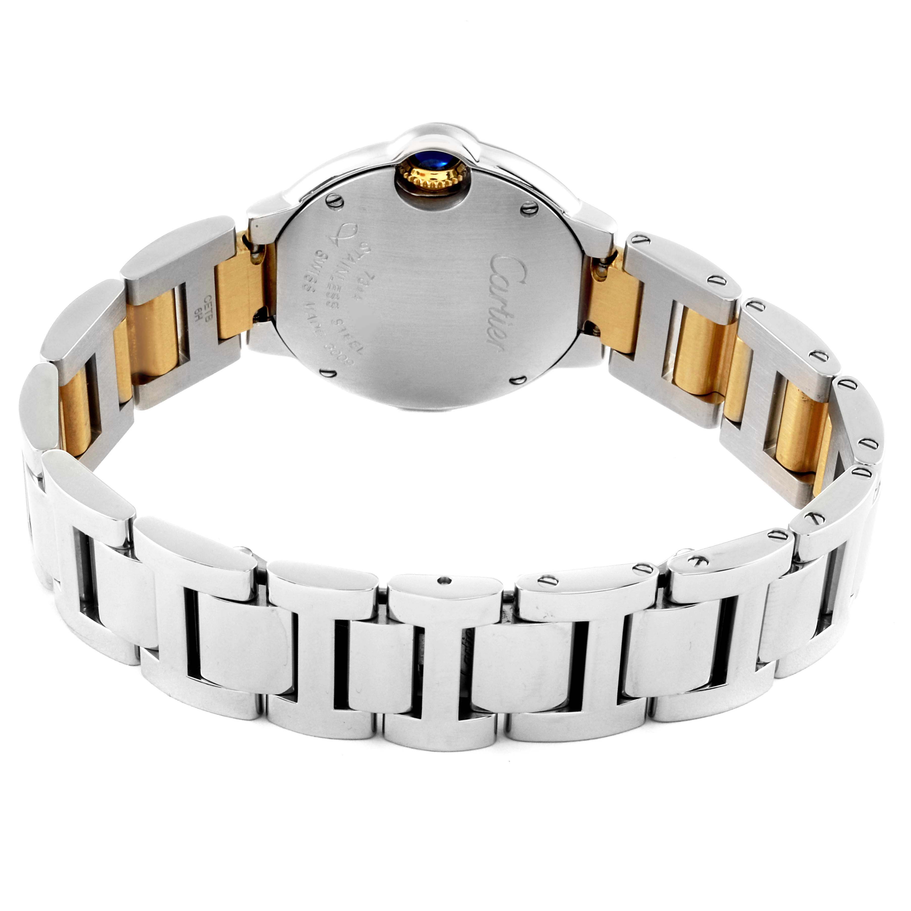 The image shows the back of a Ballon Bleu by Cartier watch, highlighting its bracelet and caseback.