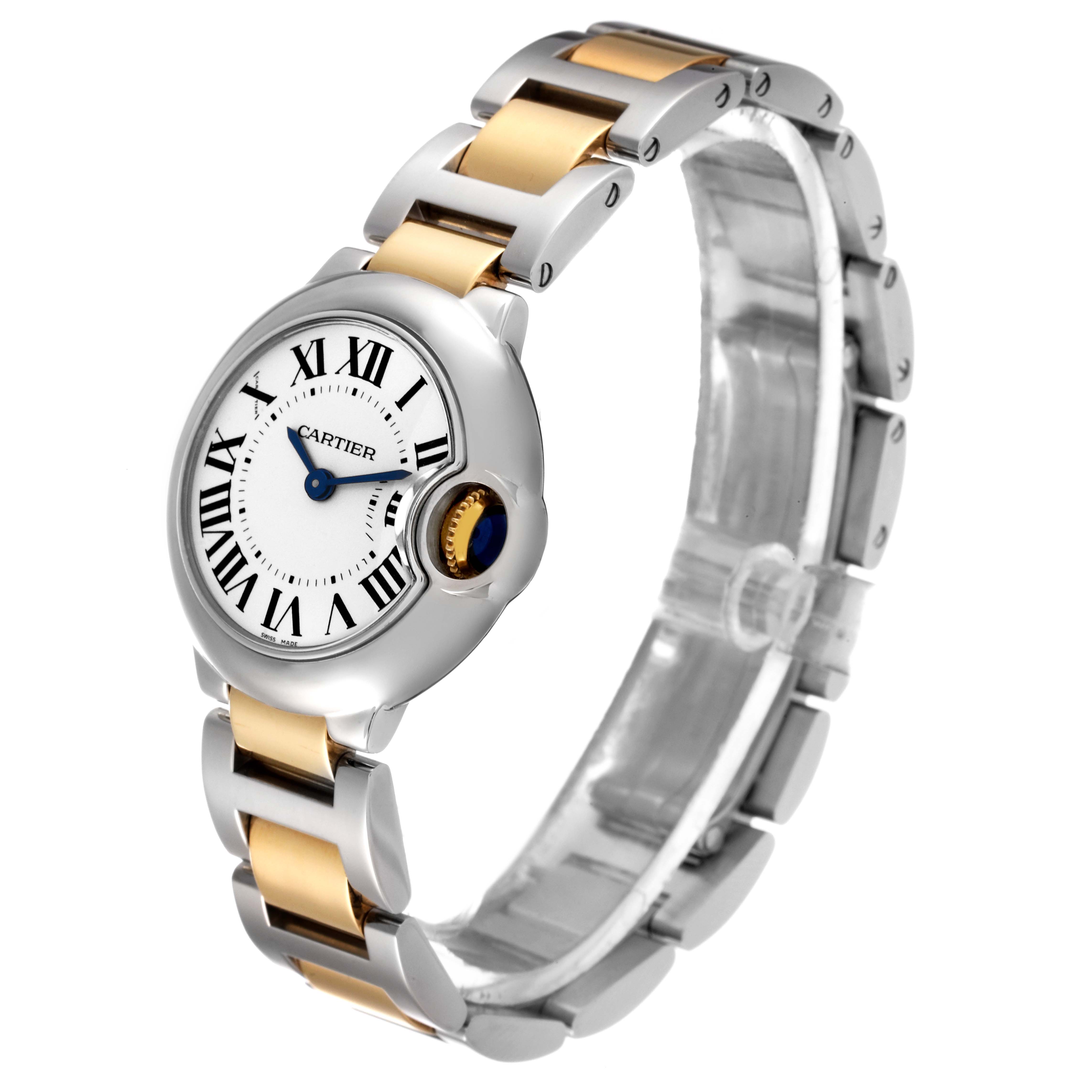 This image shows the face and bracelet of the Cartier Ballon Bleu W69007Z3 Women's Steel and Gold (two tone) Silver Dial W69007Z3 Women's Steel and Gold (two tone) Silver Dial watch at a slight side angle.