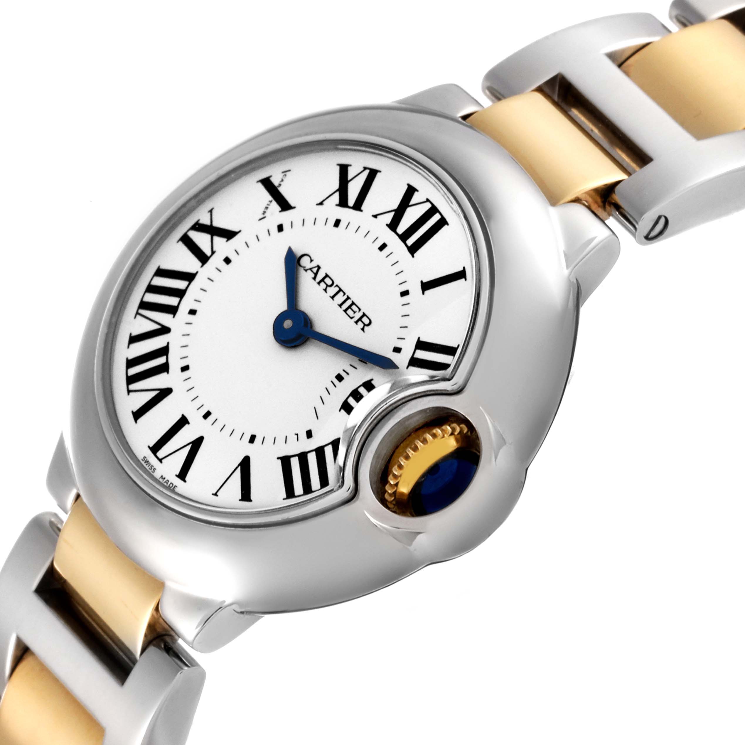 The image shows a close-up, angled view of a Cartier Ballon Bleu W69007Z3 Women's Steel and Gold (two tone) Silver Dial W69007Z3 Women's Steel and Gold (two tone) Silver Dial watch, highlighting its face, crown, and part of the bracelet.