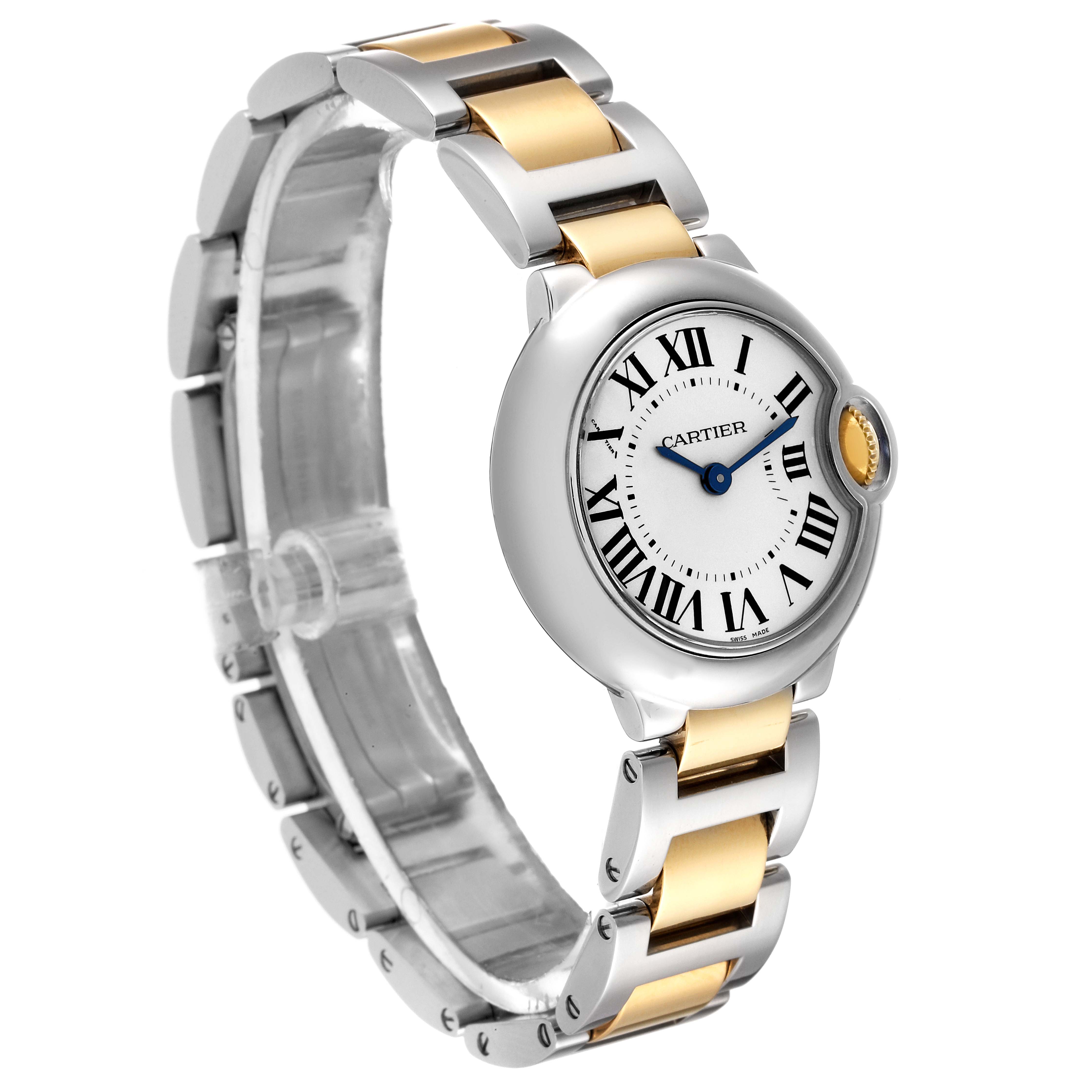 The image shows a Cartier Ballon Bleu W69007Z3 Women's Steel and Gold (two tone) Silver Dial W69007Z3 Women's Steel and Gold (two tone) Silver Dial watch at a slight side angle, displaying its round face and two-tone bracelet.