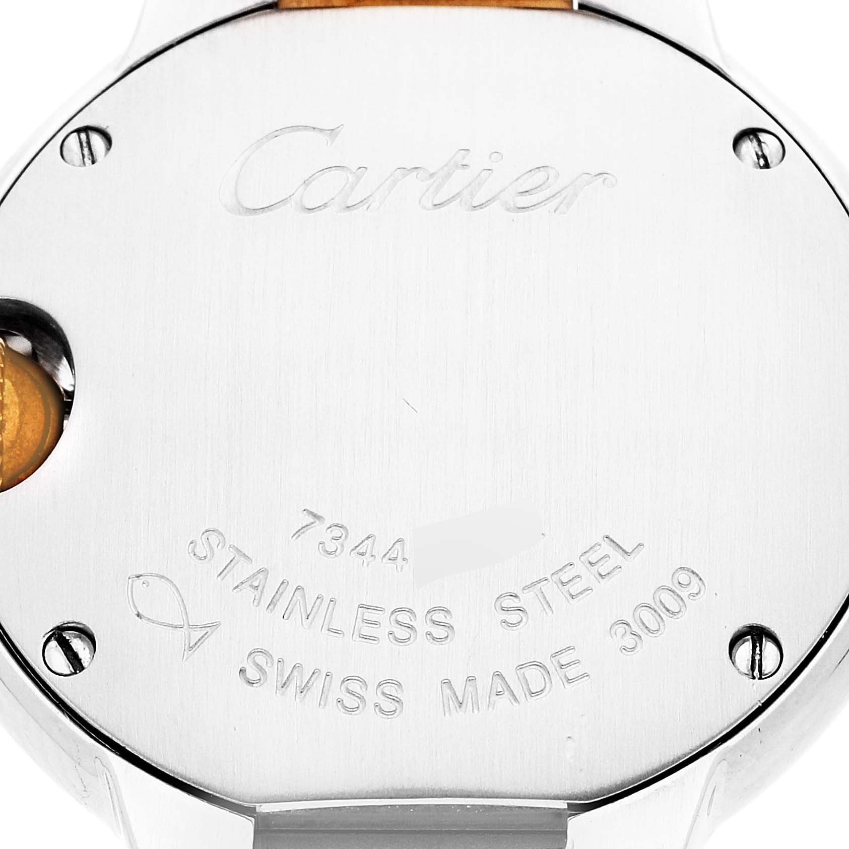 This image shows the back case of a Ballon Bleu by Cartier watch, highlighting its engraving and stainless steel material.