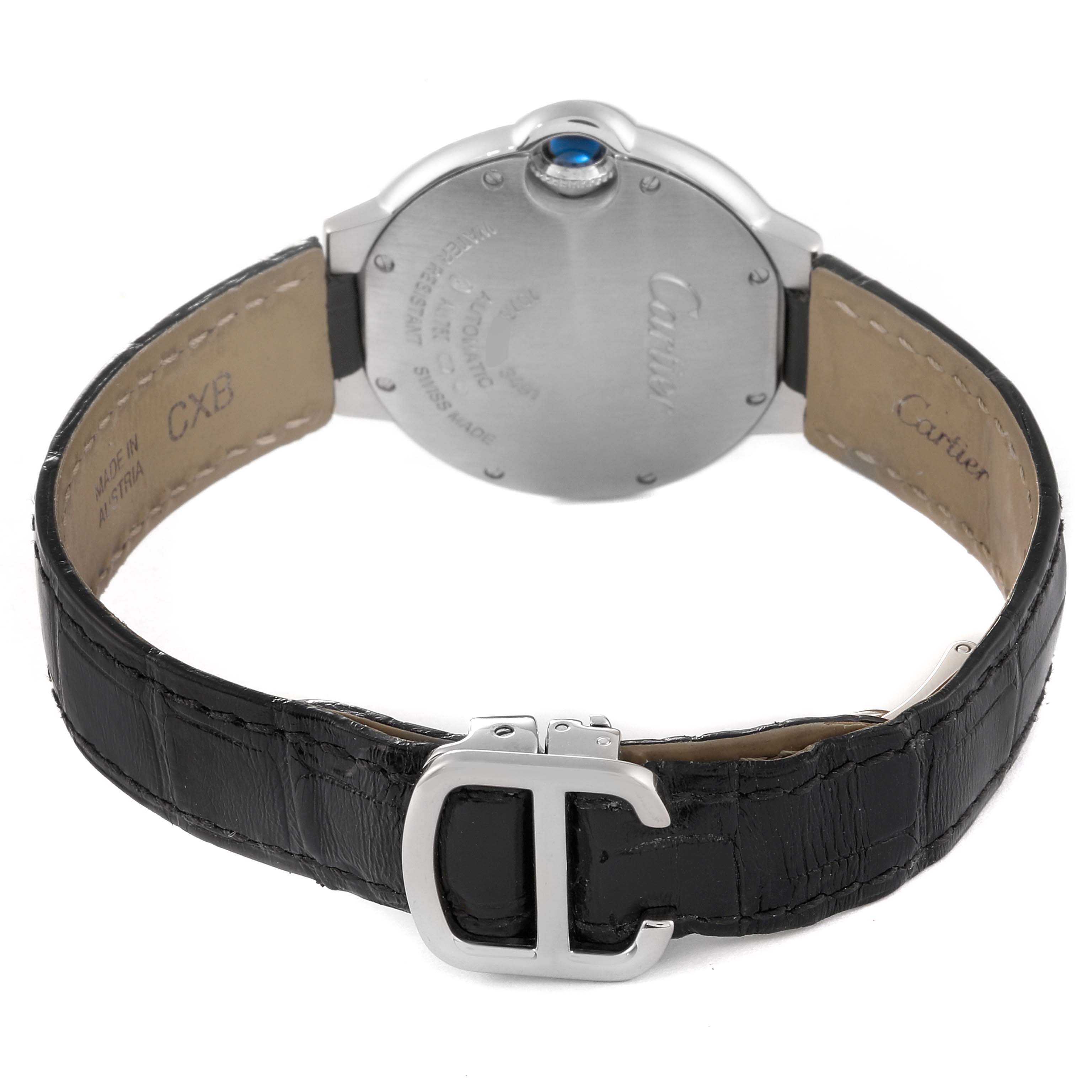 The image shows the back view of a Cartier Ballon Bleu WE902067 Women
s White Gold Silver Dial WE902067 Women
s White Gold Silver Dial watch, highlighting the case back and leather strap.