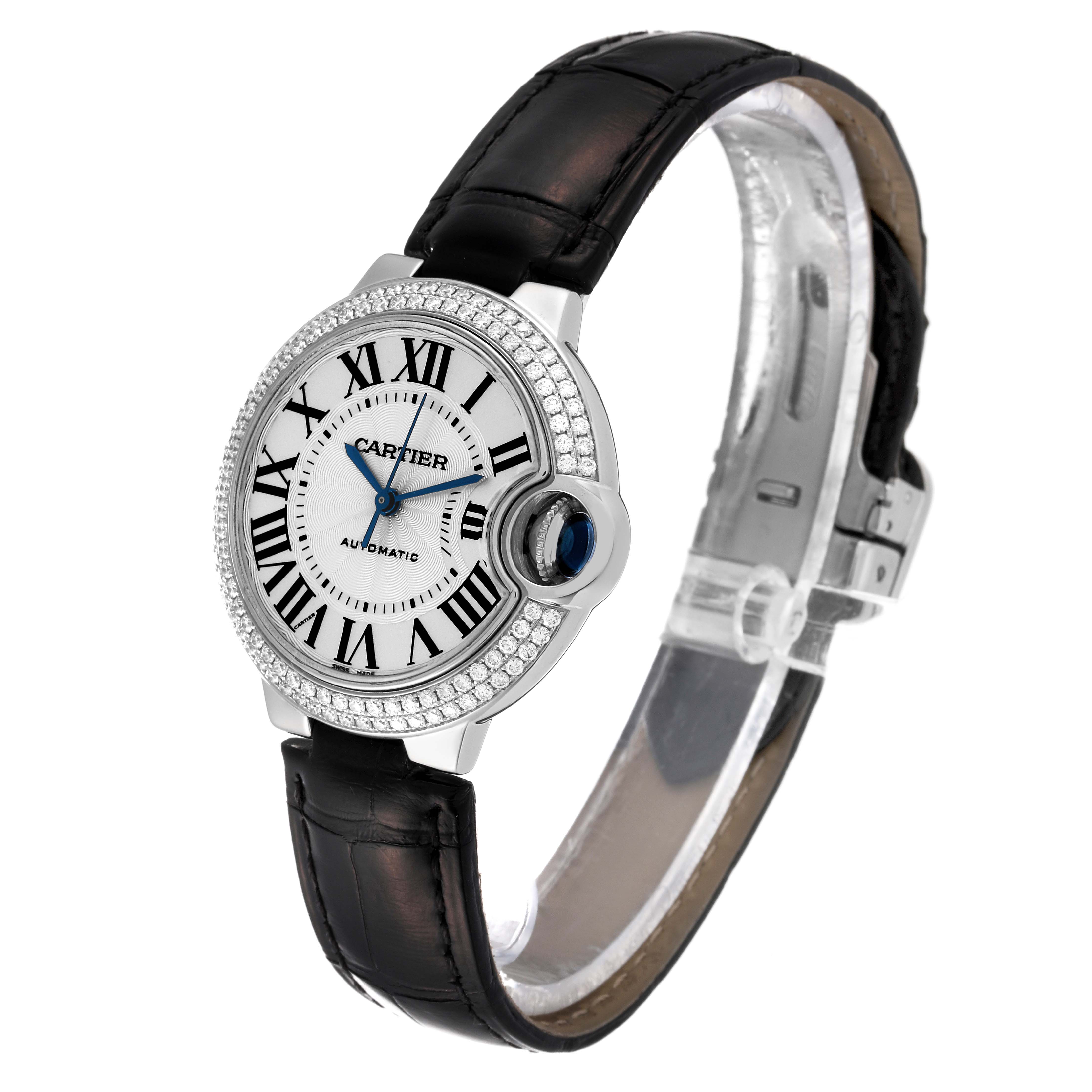 The image shows a side angle of the Cartier Ballon Bleu WE902067 Women
s White Gold Silver Dial WE902067 Women
s White Gold Silver Dial watch, featuring the face, crown, and leather strap.