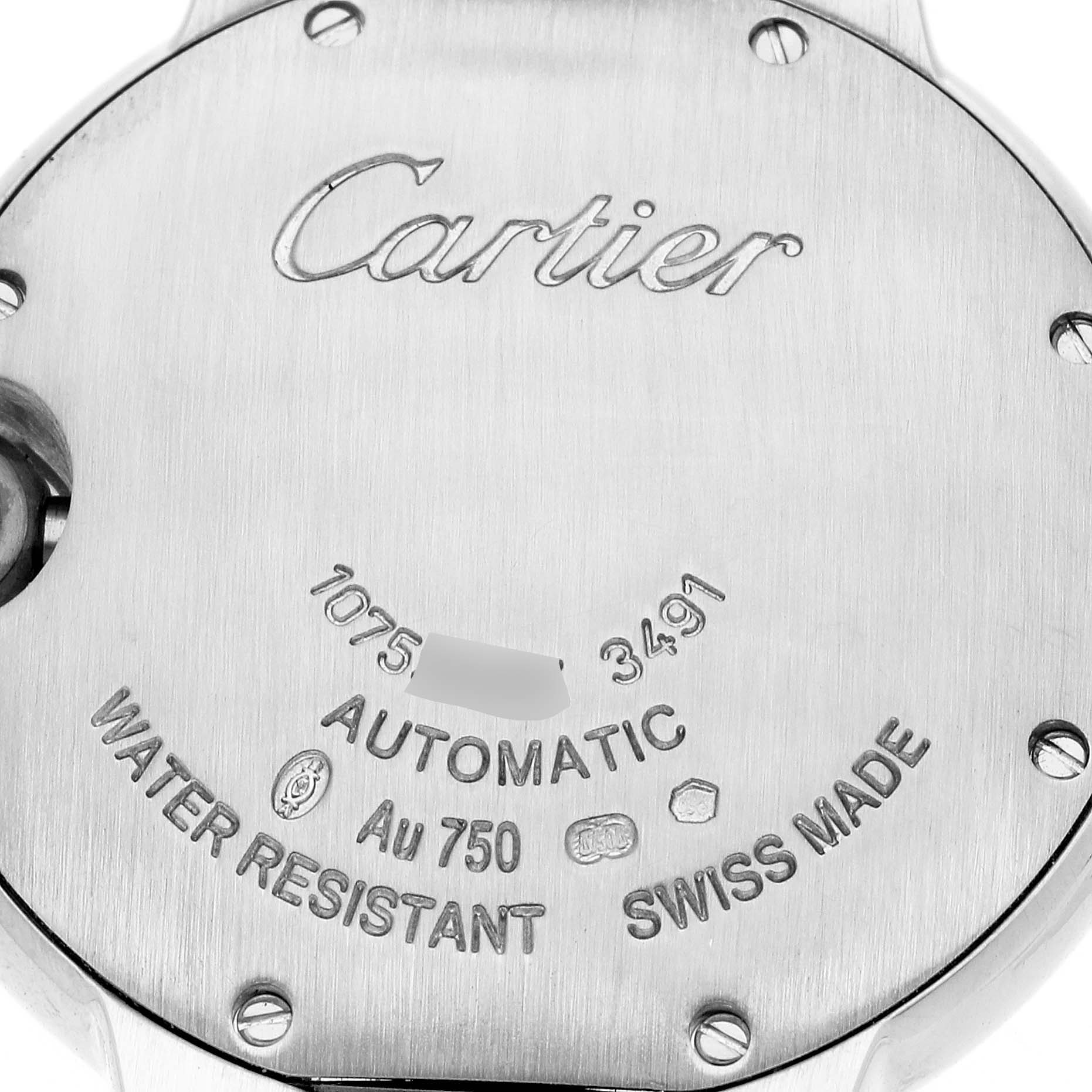 The image shows the back case of a Cartier Ballon Bleu WE902067 Women
s White Gold Silver Dial WE902067 Women
s White Gold Silver Dial watch, displaying its engravings and markings.