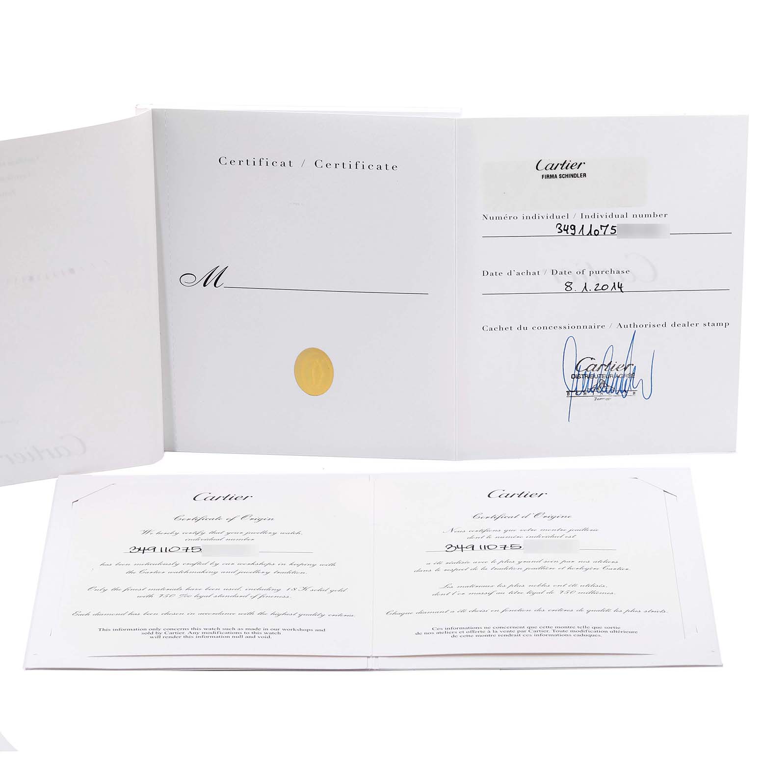 The image shows the certification and warranty documents for the Cartier Ballon Bleu WE902067 Women
s White Gold Silver Dial WE902067 Women
s White Gold Silver Dial watch.