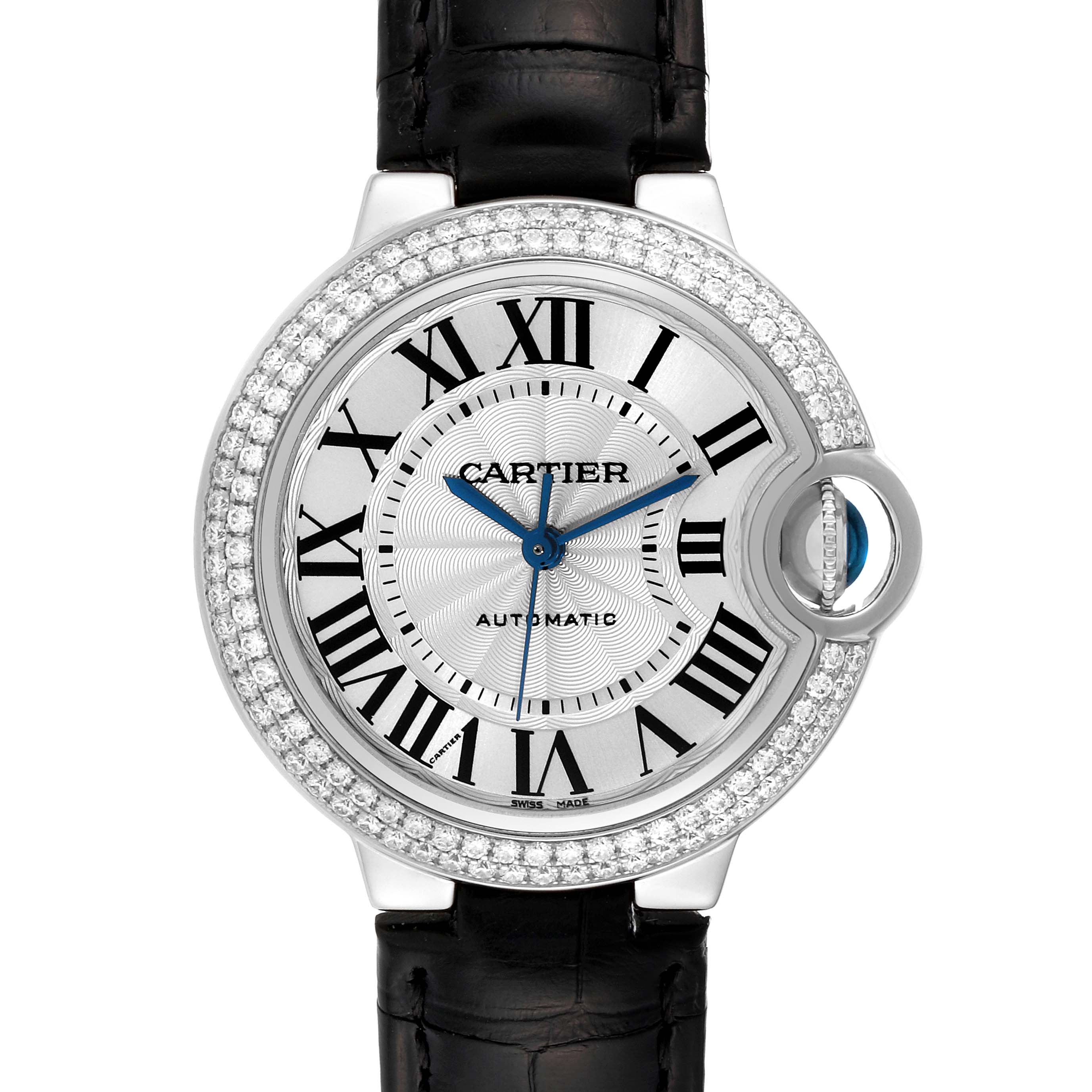 The image shows a front view of the Cartier Ballon Bleu WE902067 Women
s White Gold Silver Dial WE902067 Women
s White Gold Silver Dial watch, highlighting the face, Roman numerals, and leather strap.
