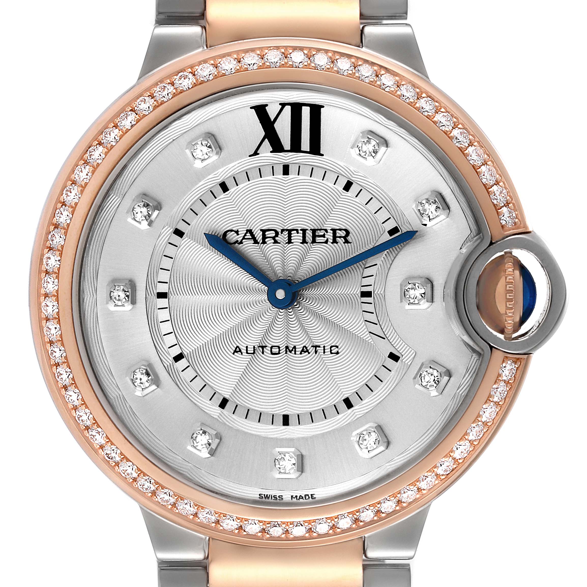 This close-up shows the face of the Cartier Ballon Bleu W3BB0004 Women
s Steel and Gold (two tone) Silver Dial W3BB0004 Women
s Steel and Gold (two tone) Silver Dial watch, highlighting the watch
s dial, Roman numeral hour marker, and diamond bezel.