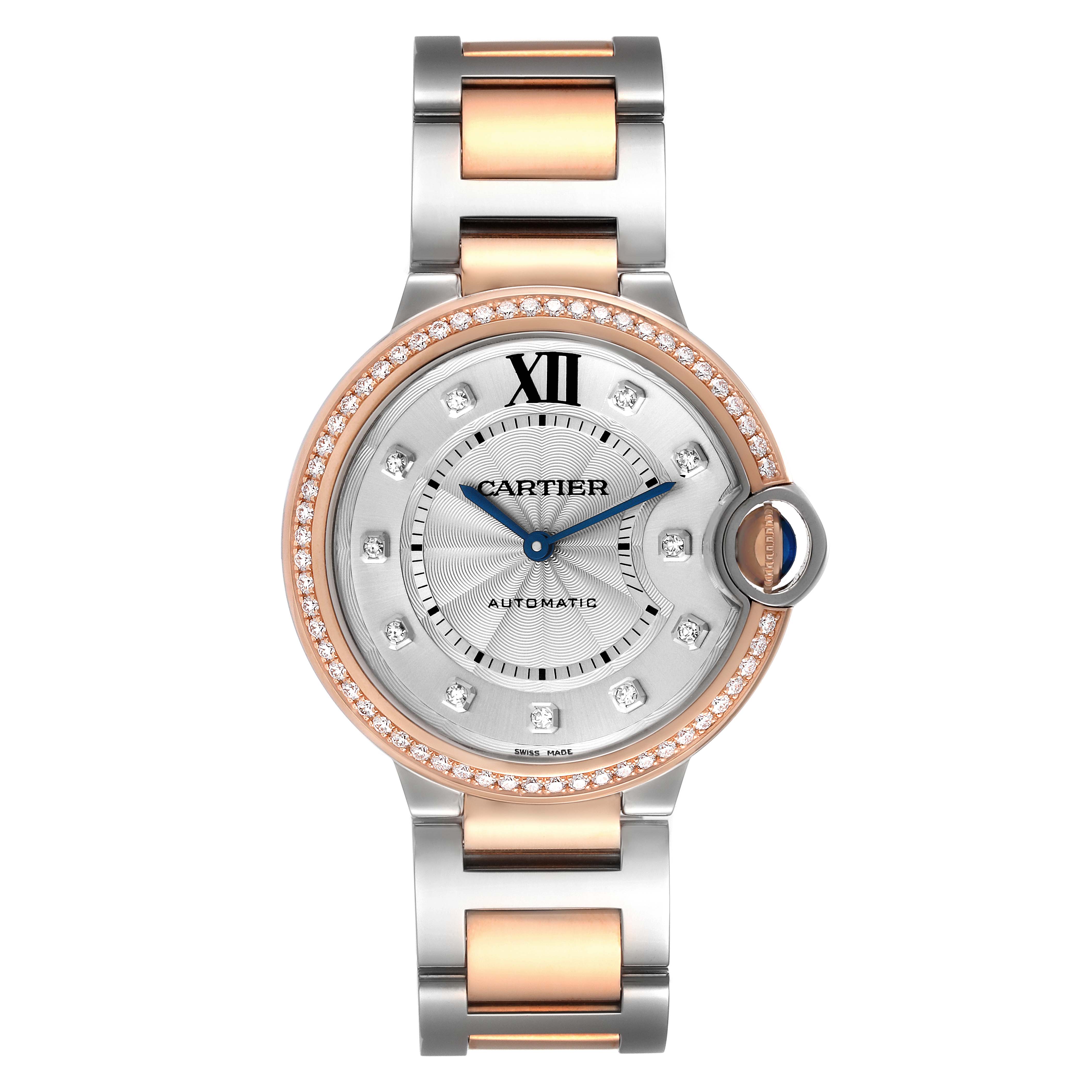 This is a head-on view of the Cartier Ballon Bleu W3BB0004 Women
s Steel and Gold (two tone) Silver Dial W3BB0004 Women
s Steel and Gold (two tone) Silver Dial watch, showcasing its dial, bezel, and two-tone bracelet.