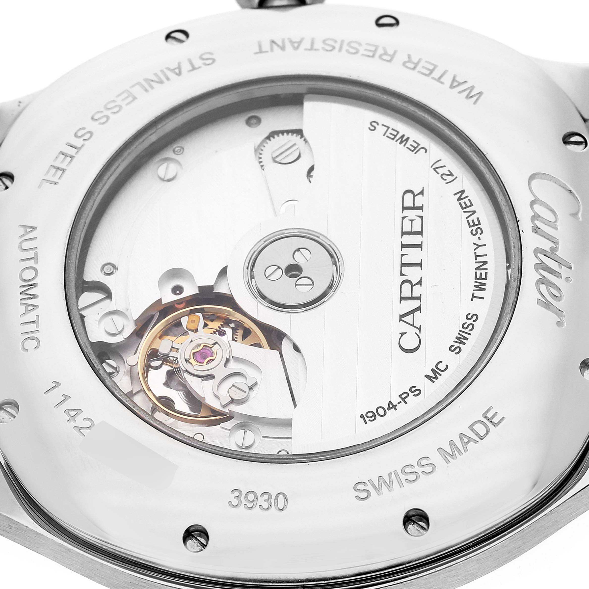 This is the back view of a Drive de Cartier watch by Cartier, showing its automatic movement and inner mechanics.