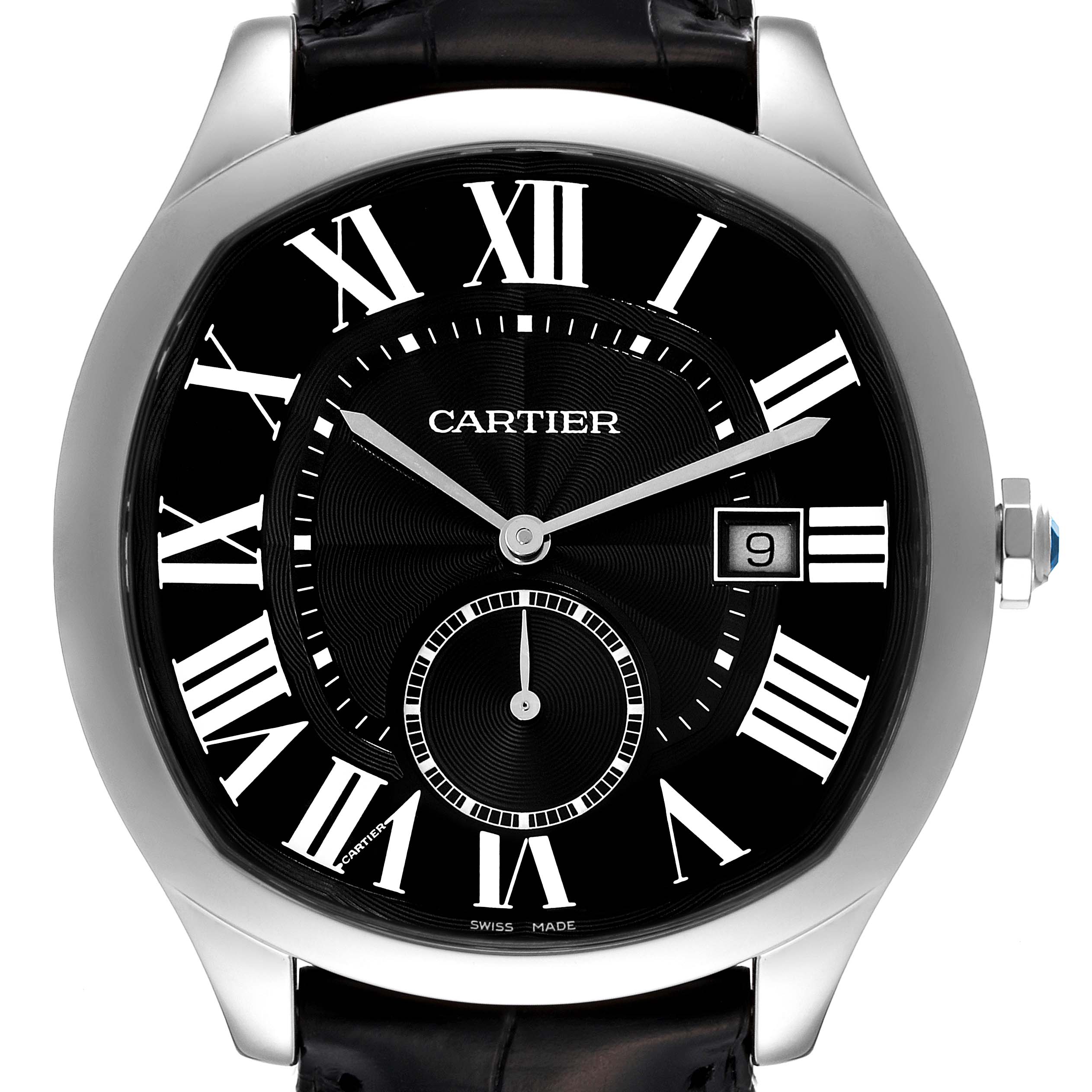 The image shows a frontal view of the Drive de Cartier watch by Cartier, highlighting its dial, hands, date window, and Roman numerals.