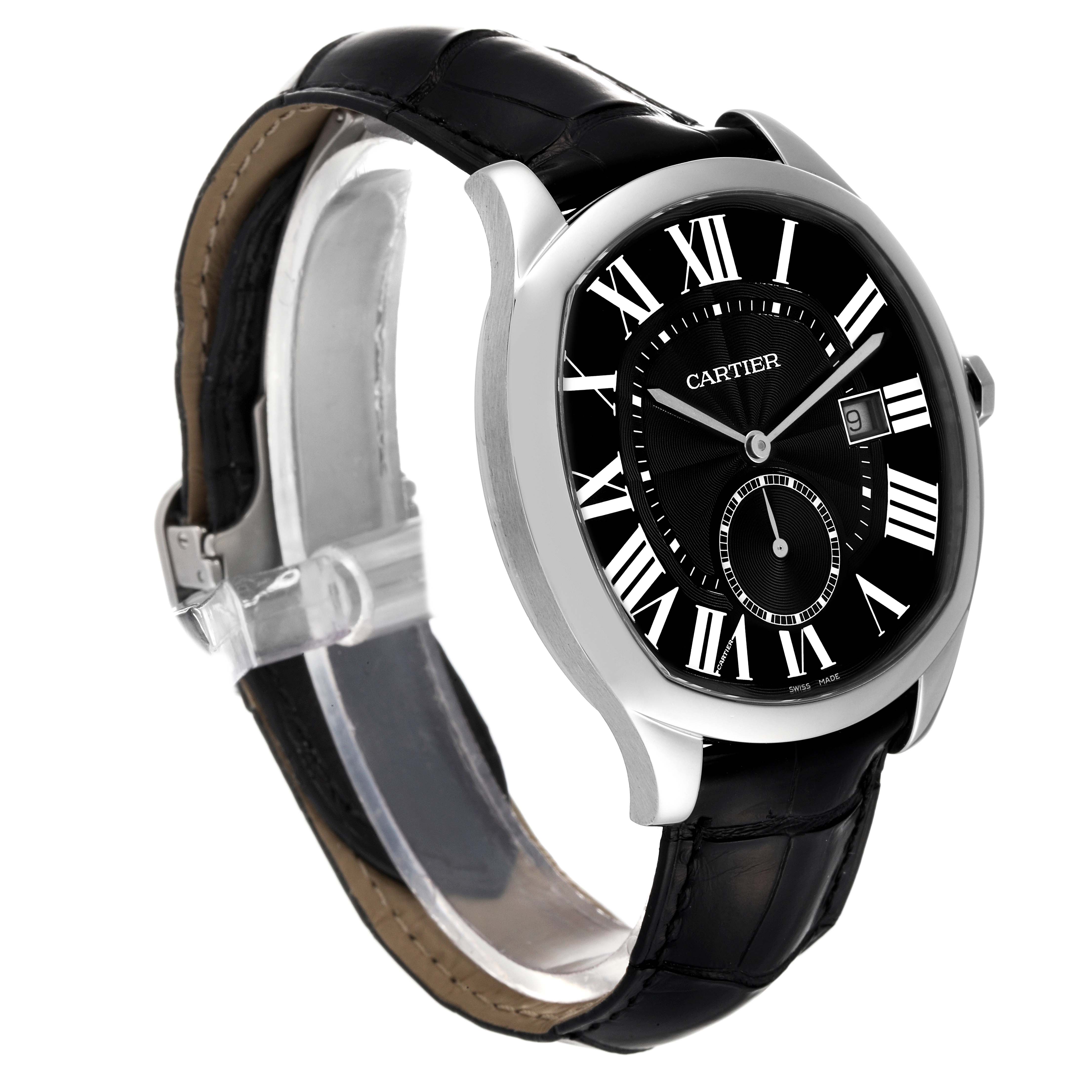 The image shows a Drive de Cartier watch by Cartier at a slight angle, featuring its black dial, Roman numerals, and leather strap.