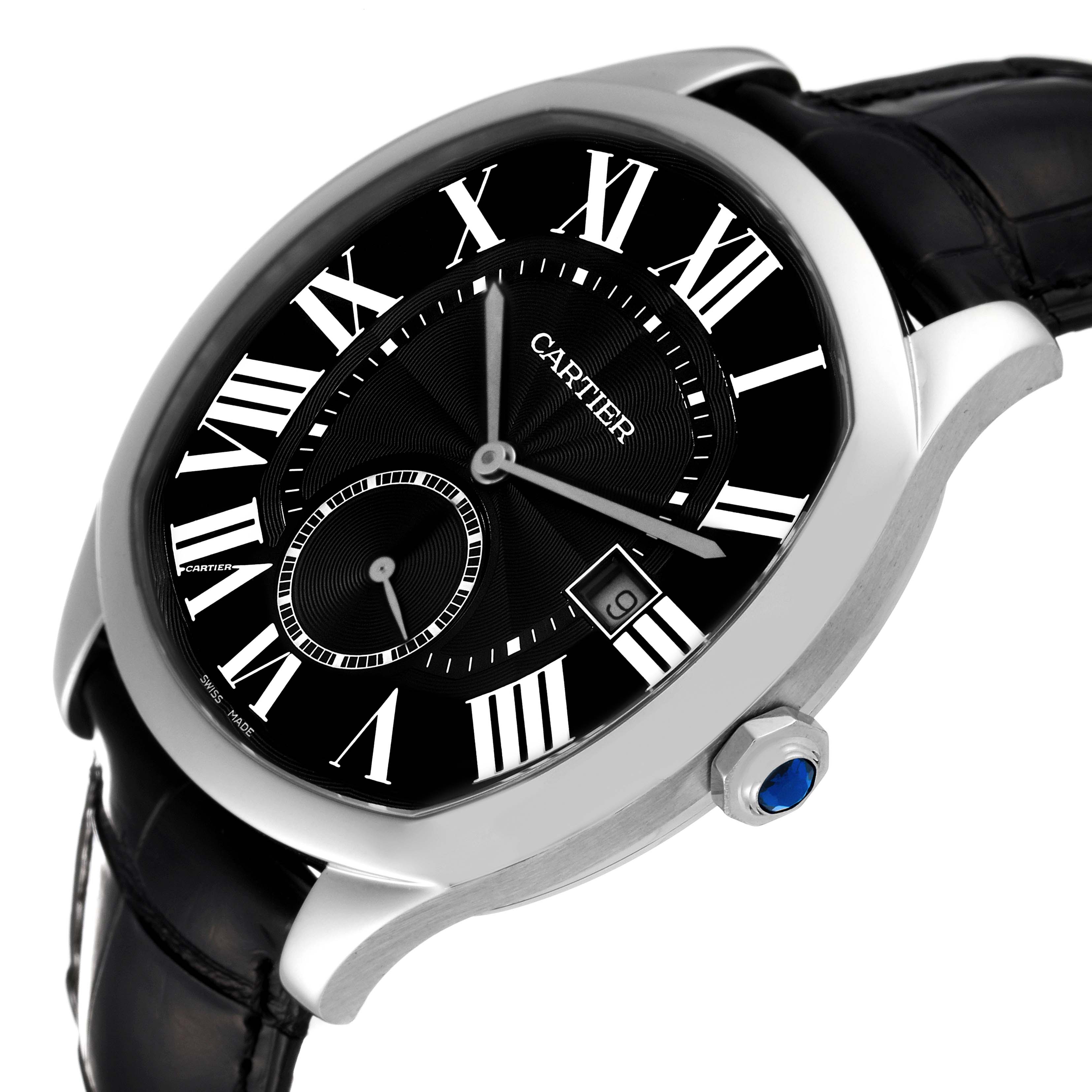 This image shows a Drive de Cartier watch by Cartier from an angled perspective, highlighting its face, bezel, crown, and part of the strap.