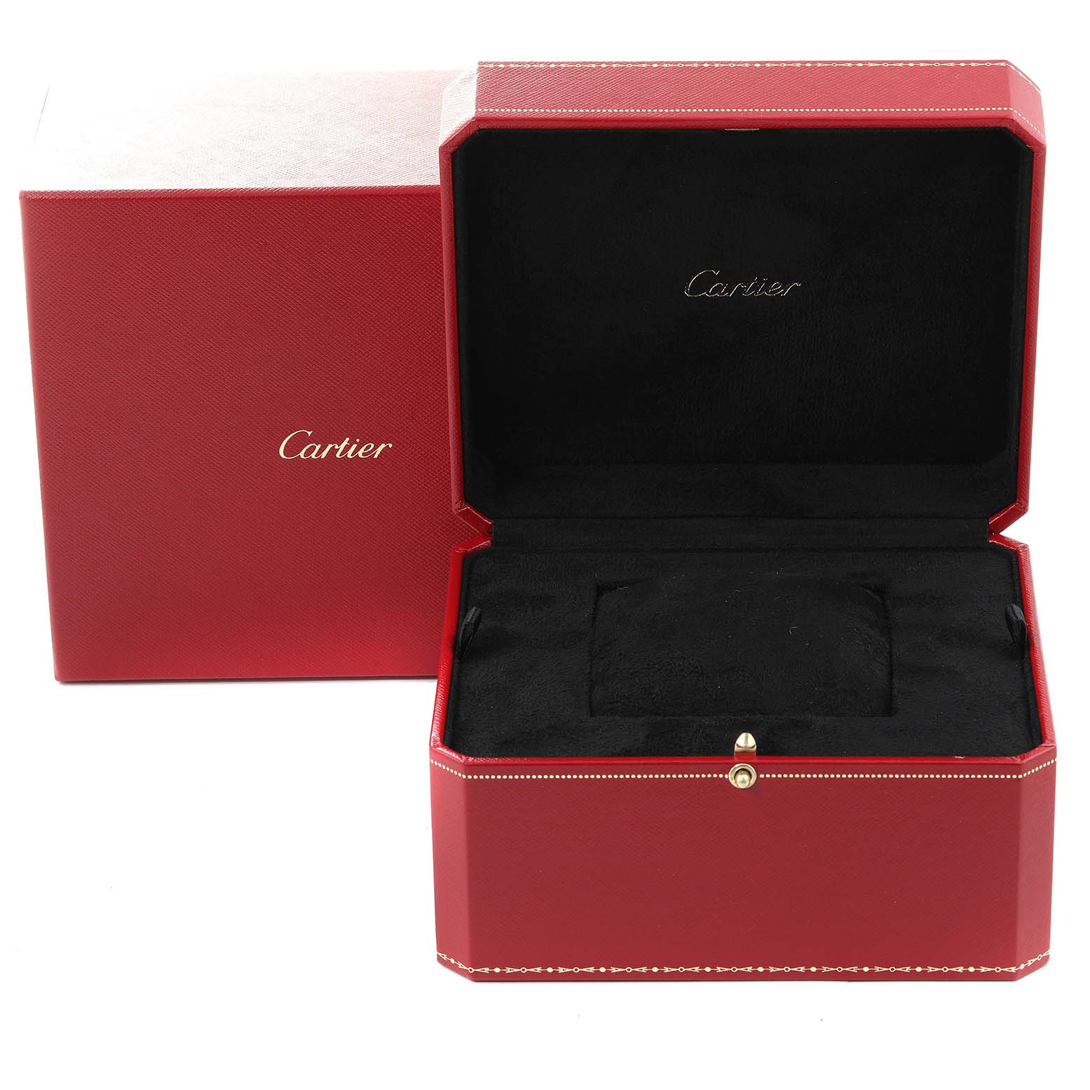 This image shows the open red watch box for a Drive de Cartier model by Cartier, with the Cartier logo inside.