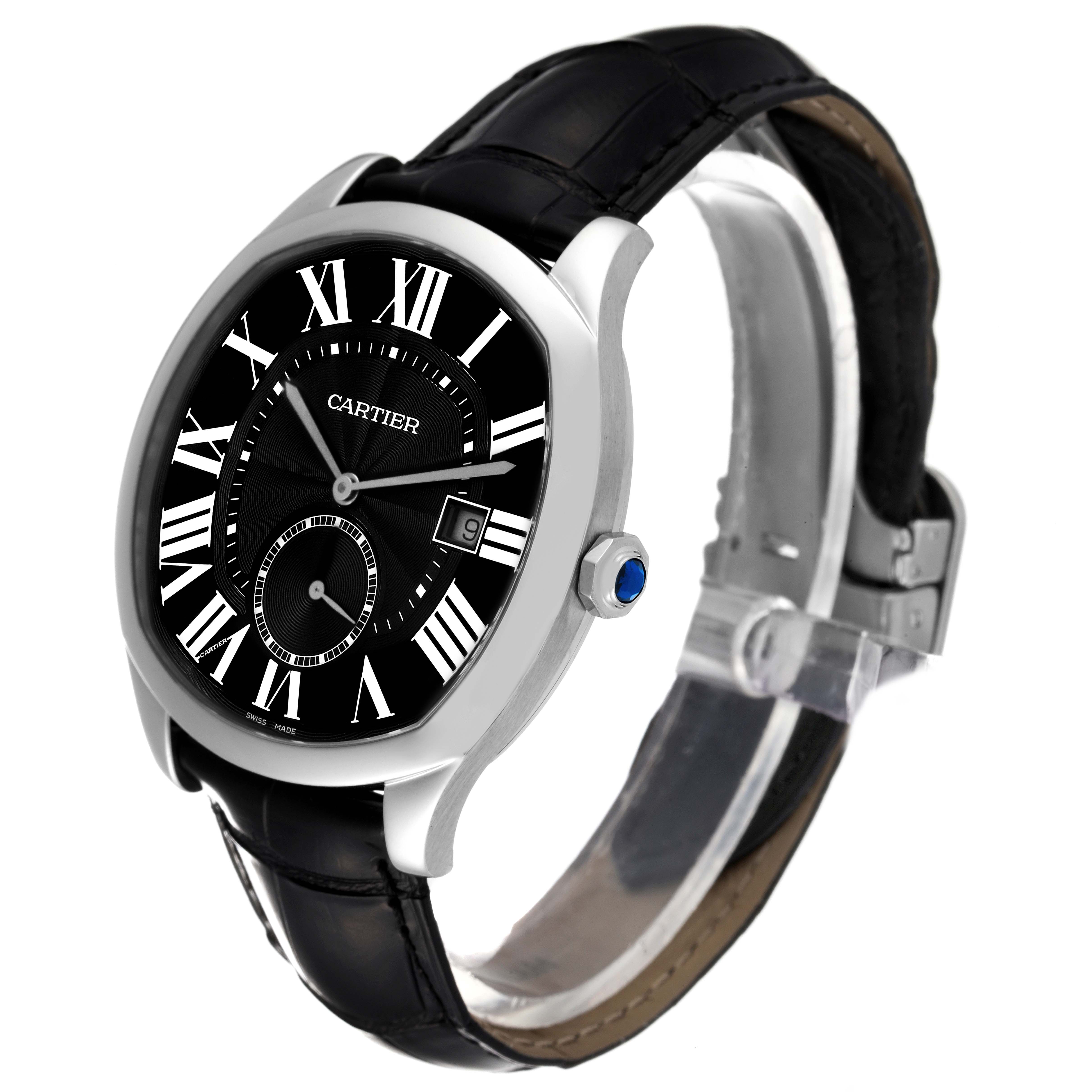 The image shows a Drive de Cartier watch by Cartier at a three-quarter angle, highlighting the face, strap, and crown.