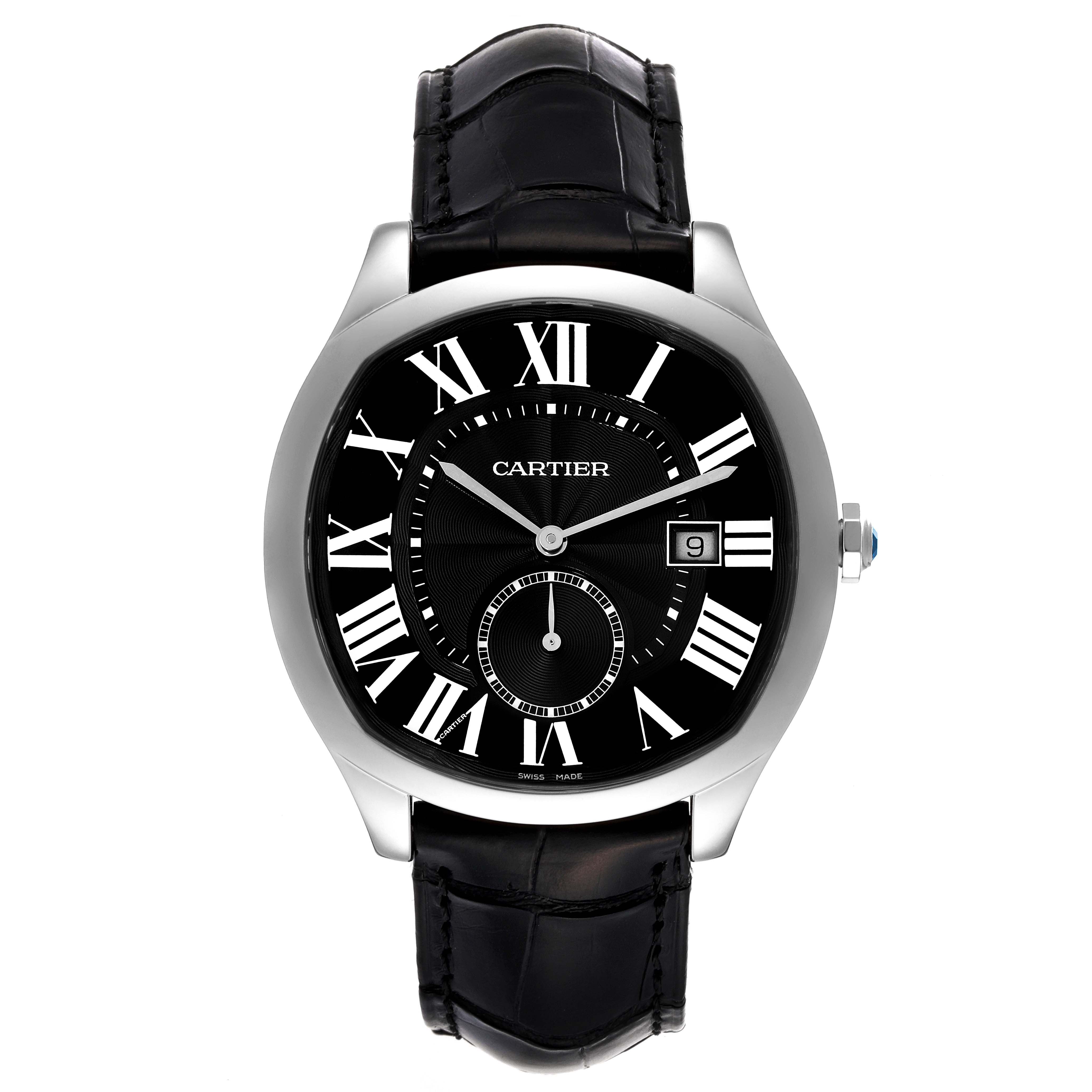The Drive de Cartier watch by Cartier is shown from a front angle, displaying its black dial, Roman numerals, and leather strap.