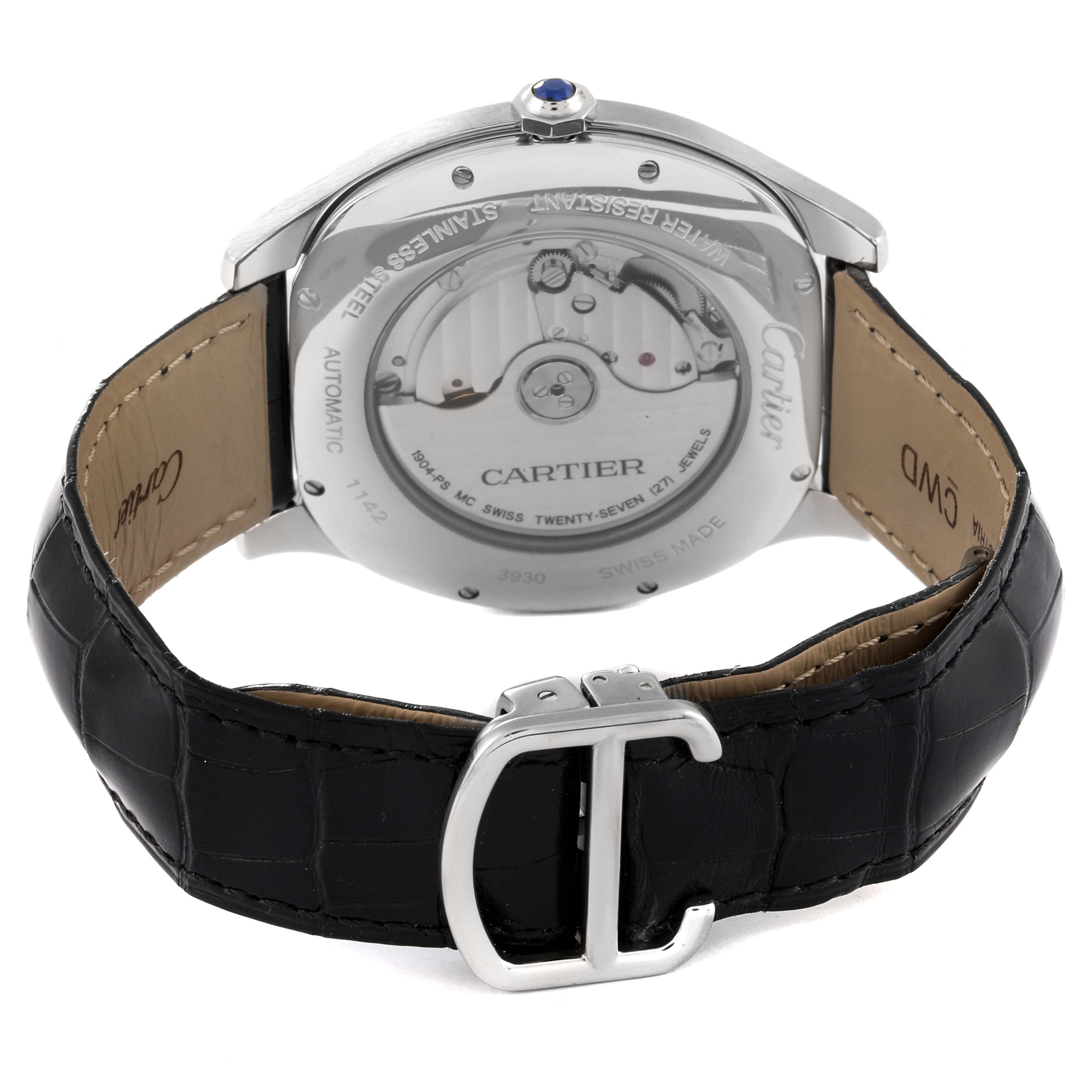 The image shows the backside and partially open clasp of a Drive de Cartier watch by Cartier.
