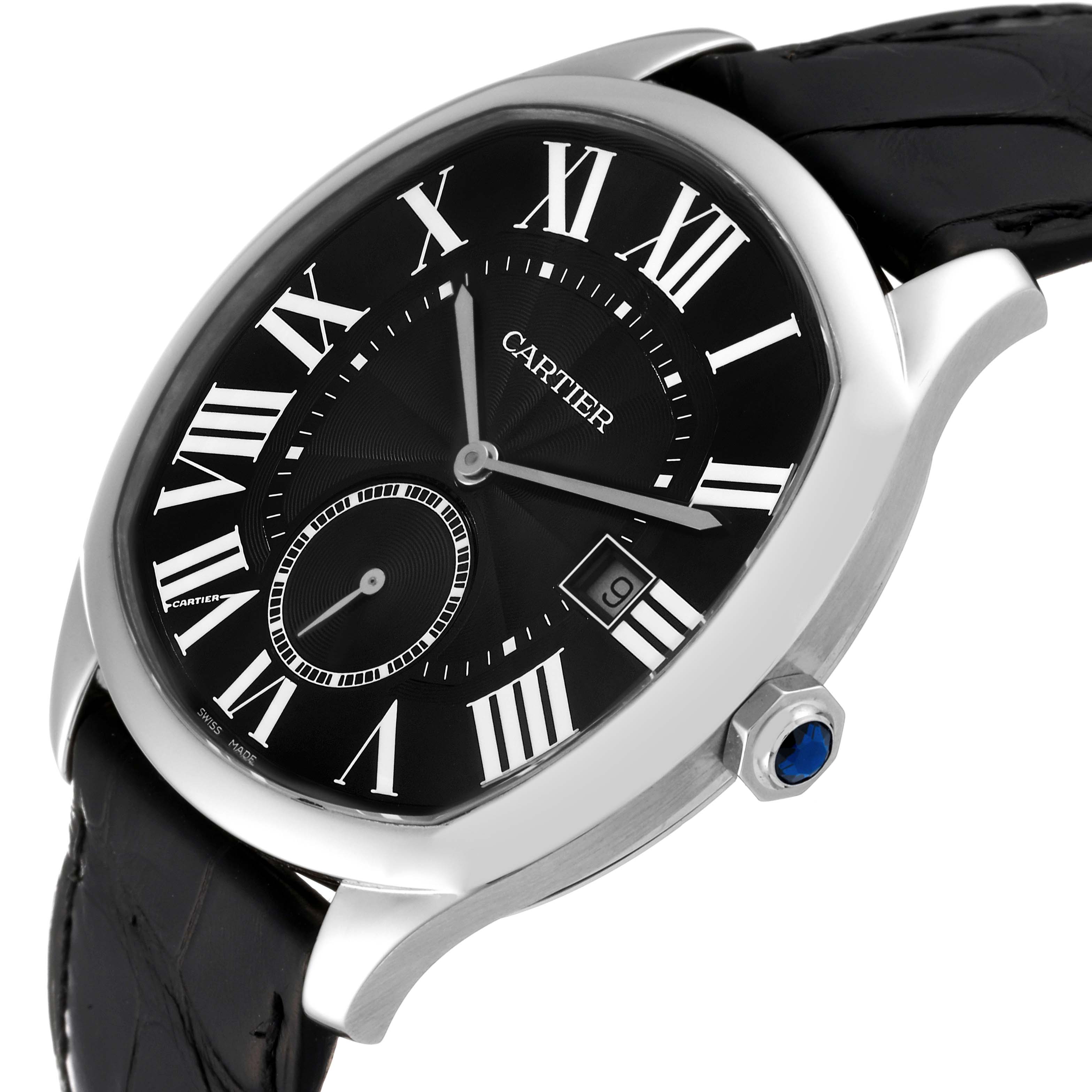 The image shows a Drive de Cartier watch by Cartier from a slightly angled front view, highlighting its black dial, Roman numerals, date window, and crown.