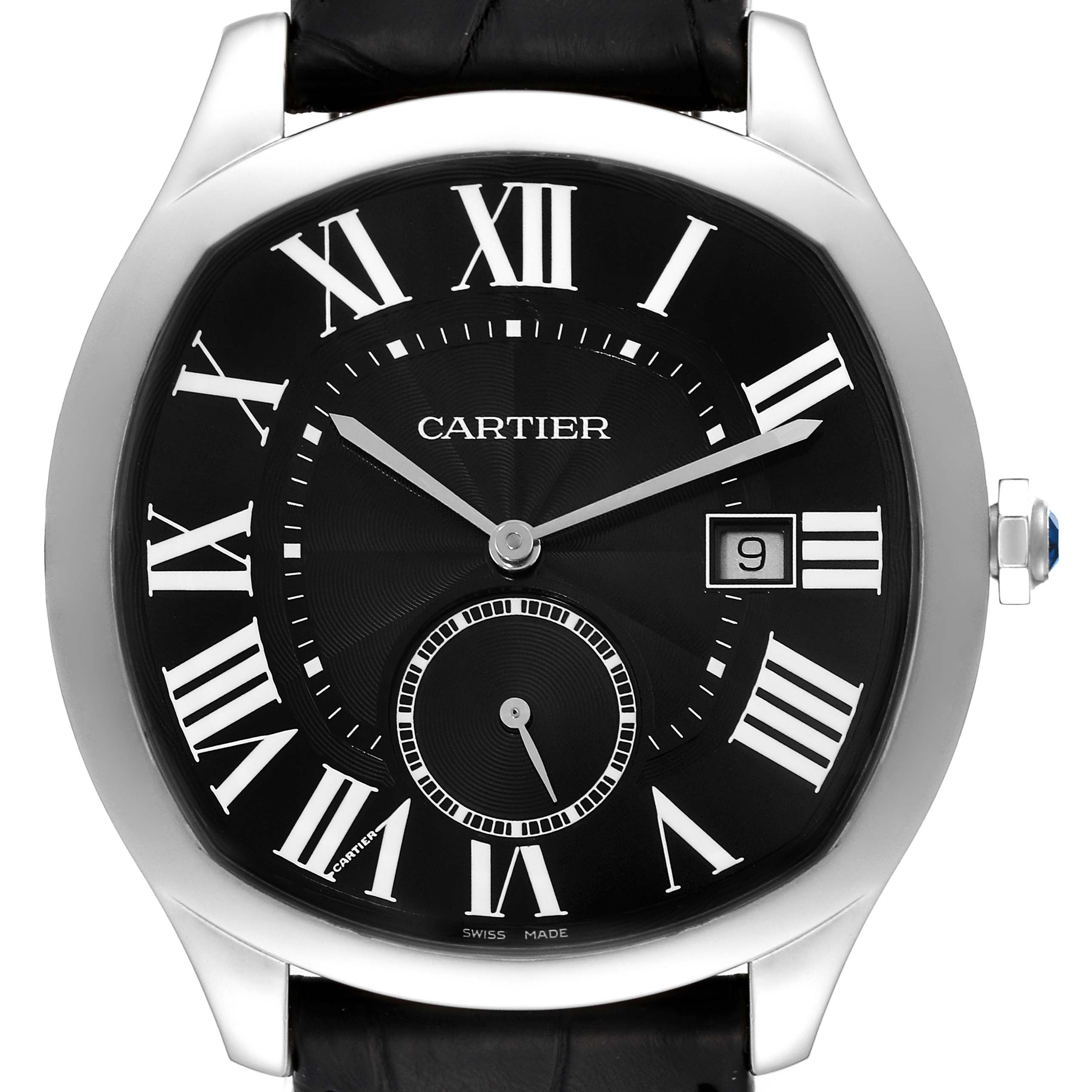 The Drive de Cartier watch by Cartier is shown from a front angle, displaying the dial, Roman numerals, date, and hands.