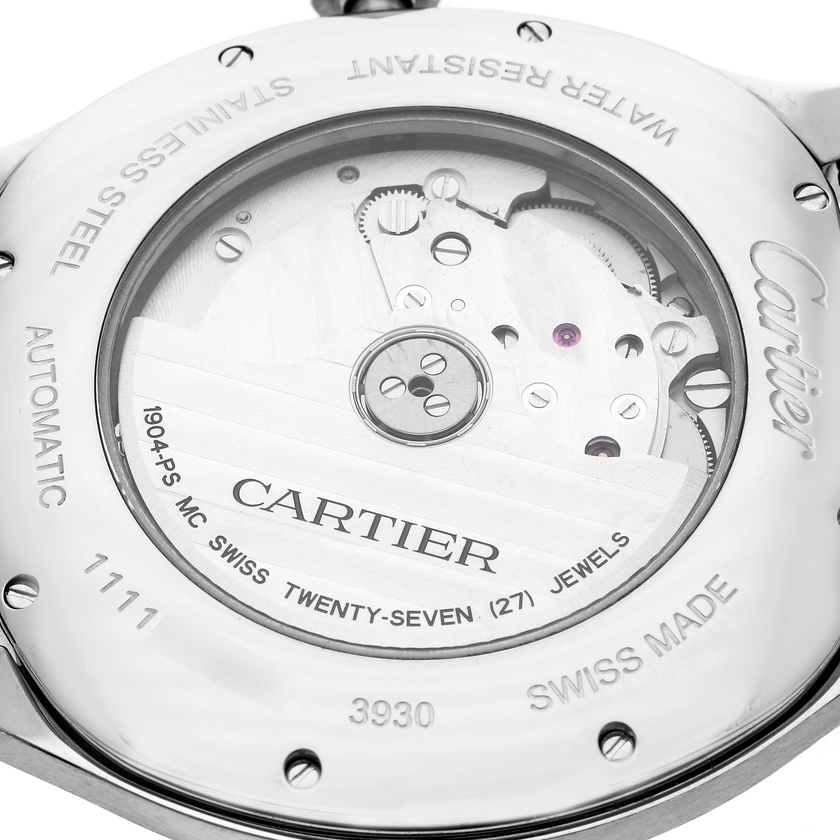 This image shows the back view of a Drive de Cartier watch by Cartier, revealing its automatic movement and internal components.