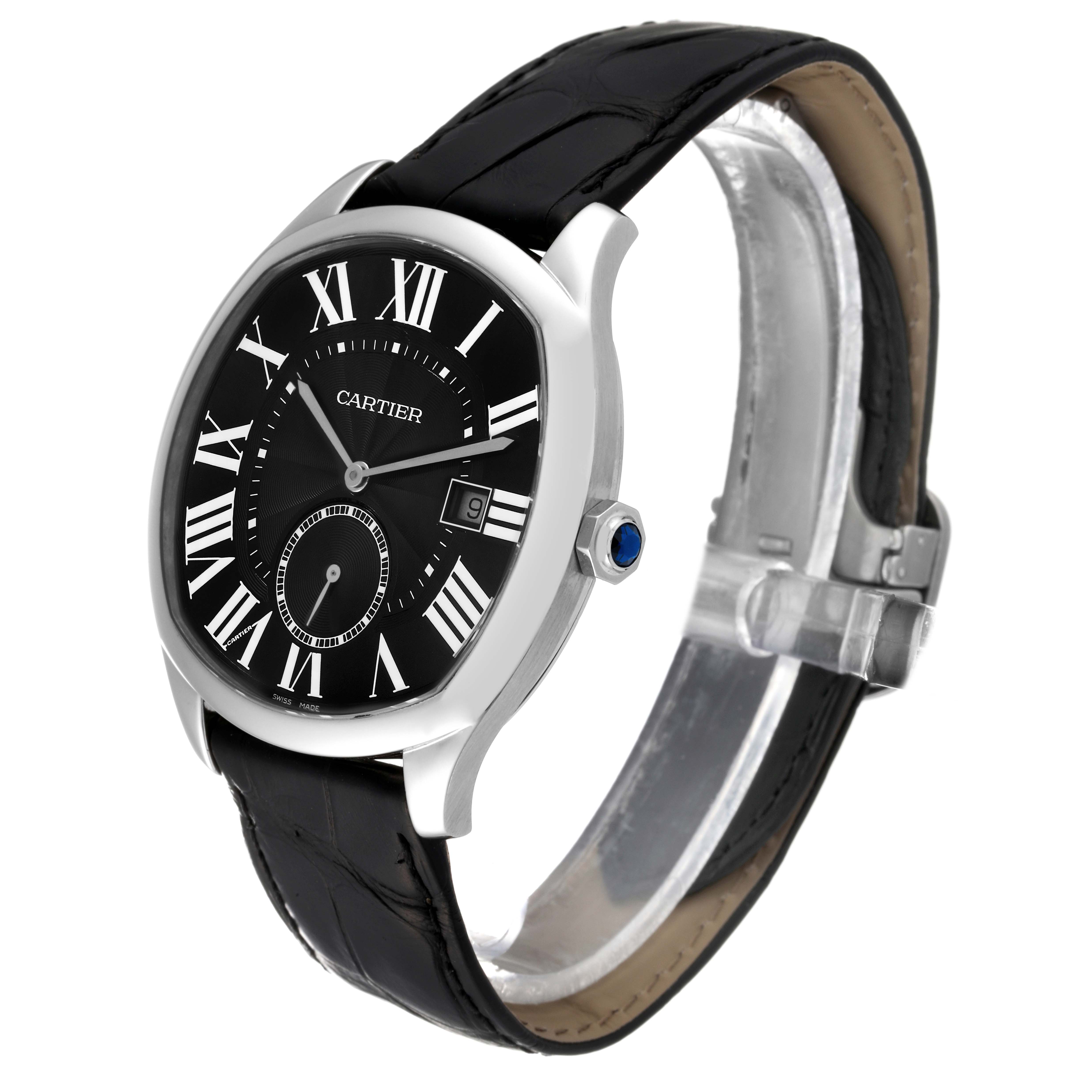 The image shows a Drive de Cartier watch by Cartier angled from the side, displaying its black dial, Roman numerals, and leather band.
