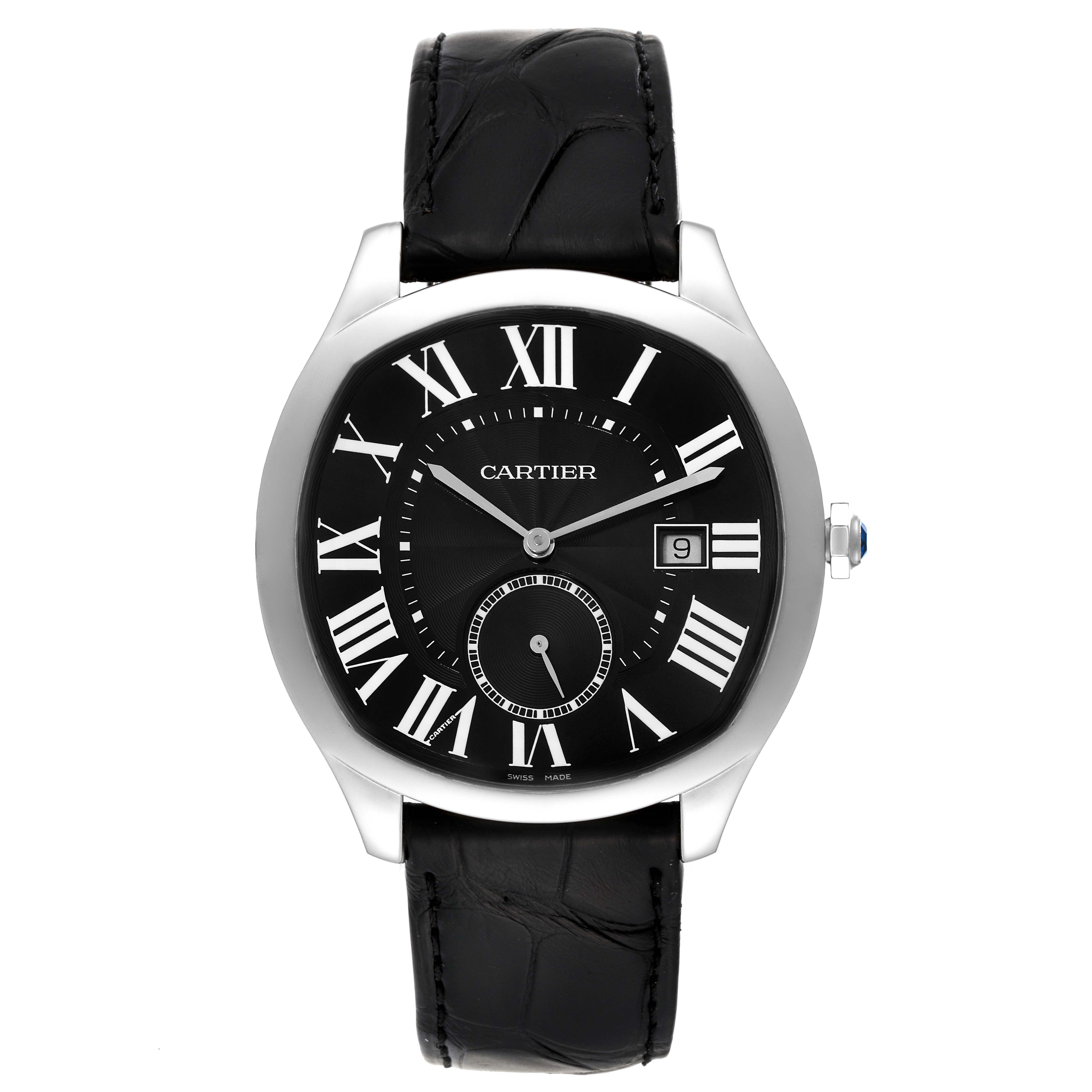 The image shows a front view of the Drive de Cartier watch by Cartier, featuring its black dial, Roman numerals, and black leather strap.