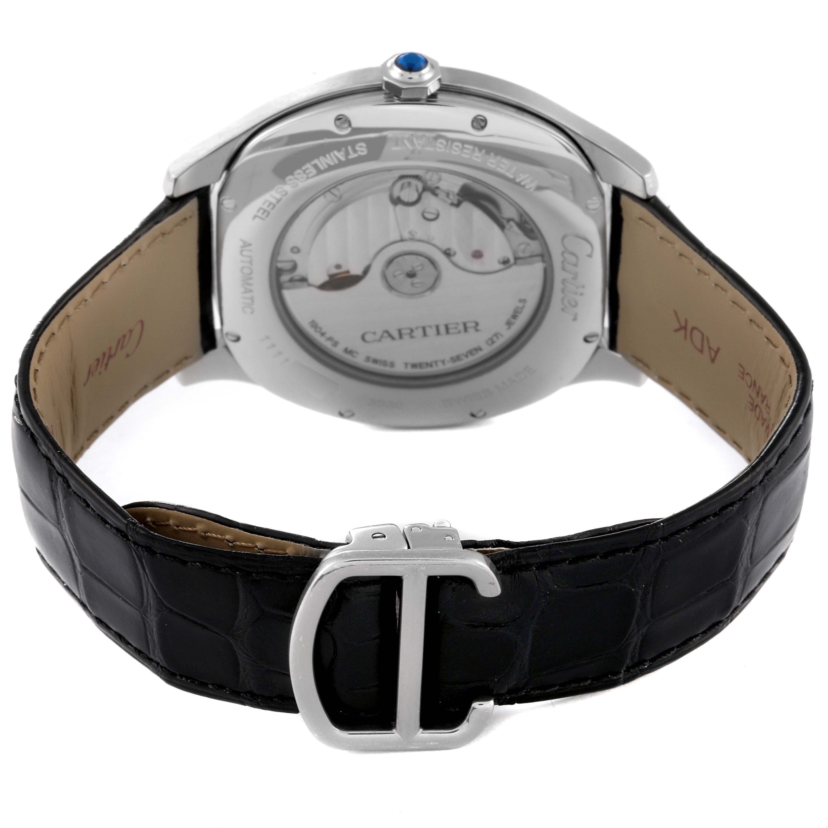 This is a rear view of the Drive de Cartier watch by Cartier, showing the back cover and the black leather strap with a metal clasp.