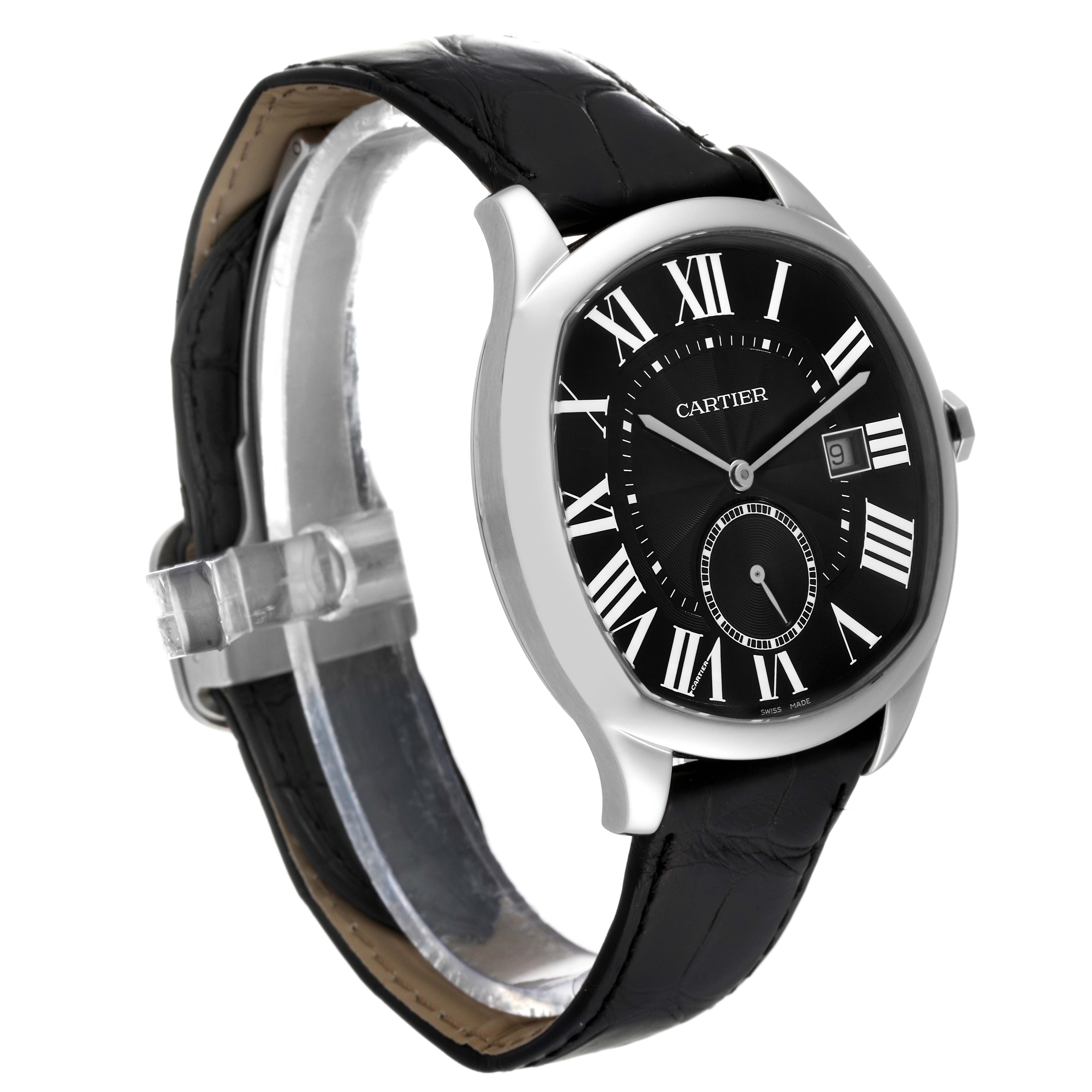 The image shows a Drive de Cartier watch by Cartier from an angled side view, highlighting the face, black leather strap, and case.