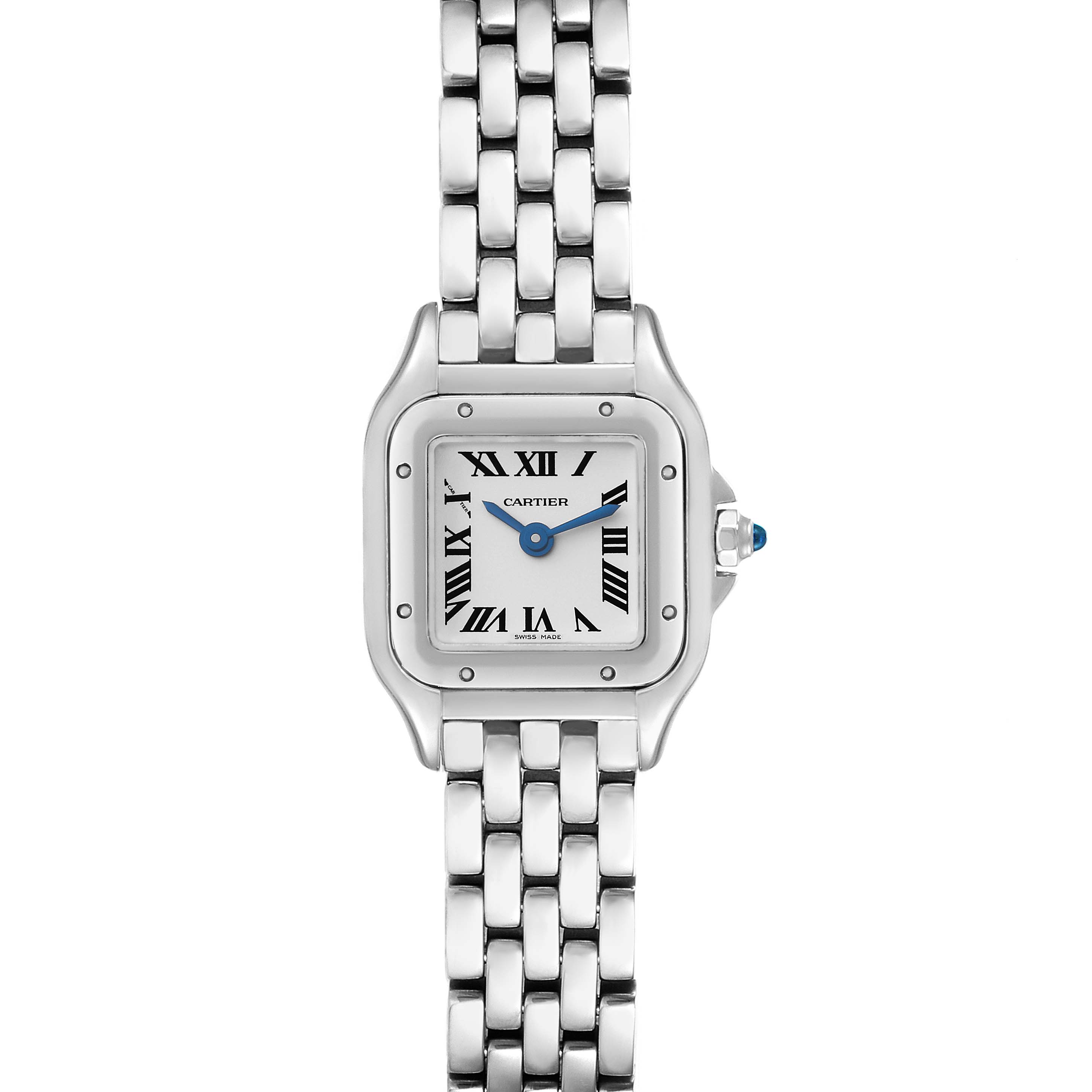 The image shows a head-on view of the Cartier Panthere WSPN0019 Women
s Stainless Steel Silver Dial WSPN0019 Women
s Stainless Steel Silver Dial model watch, displaying its dial, bezel, and bracelet.