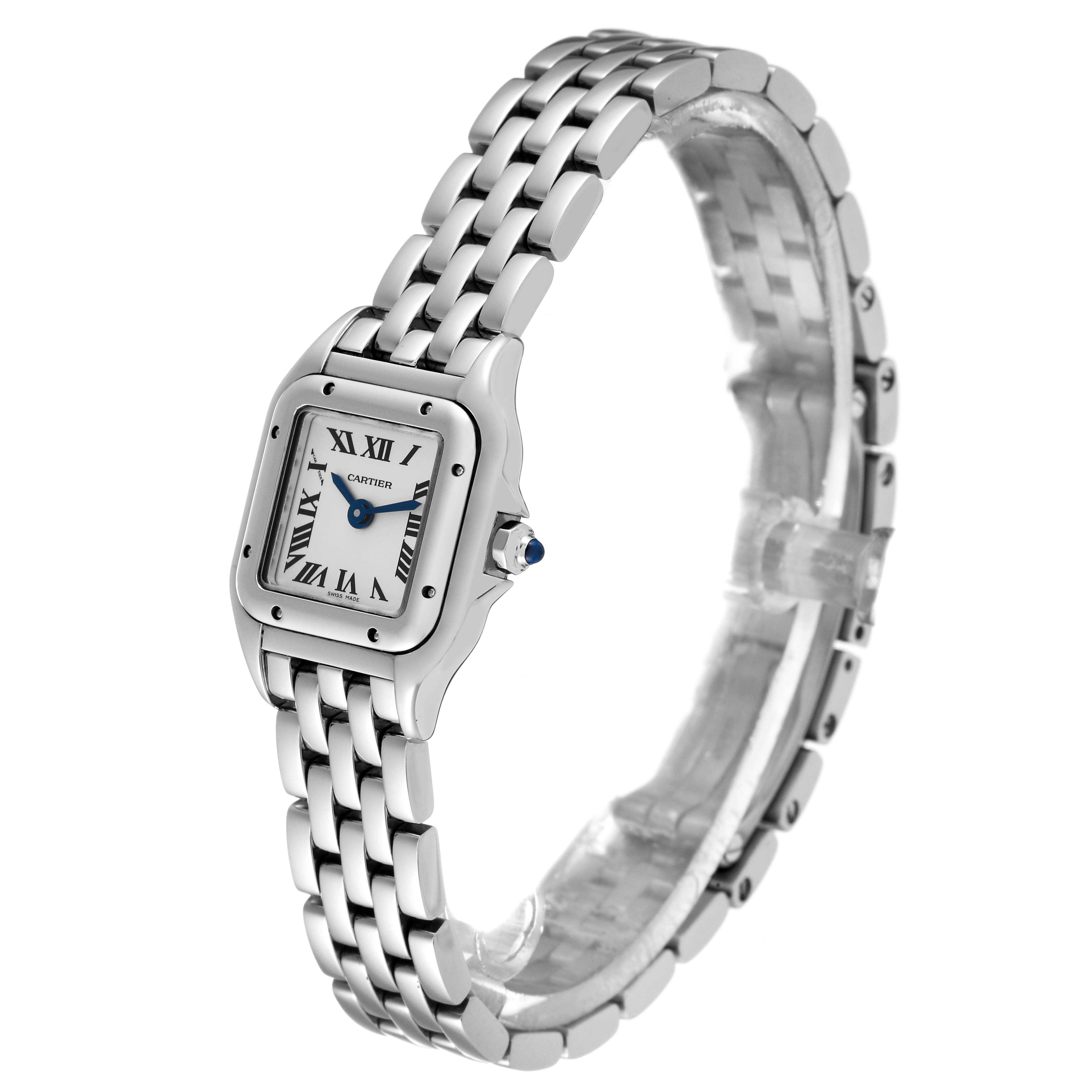 The image shows a Cartier Panthere WSPN0019 Women
s Stainless Steel Silver Dial WSPN0019 Women
s Stainless Steel Silver Dial watch at an angled side view, highlighting its chain link bracelet and square dial.