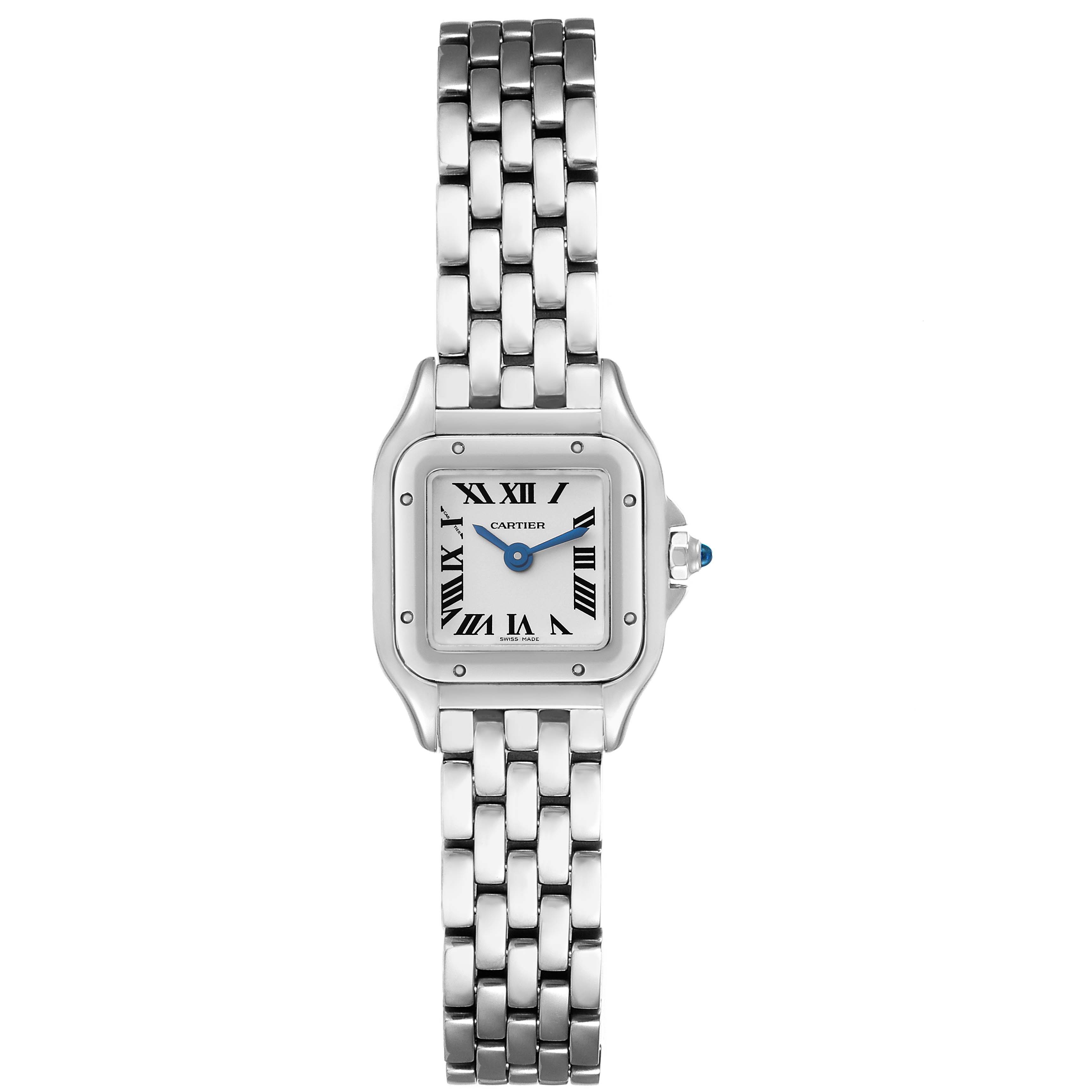 This straight-on image shows the face and band of the Cartier Panthere WSPN0019 Women
s Stainless Steel Silver Dial WSPN0019 Women
s Stainless Steel Silver Dial watch.