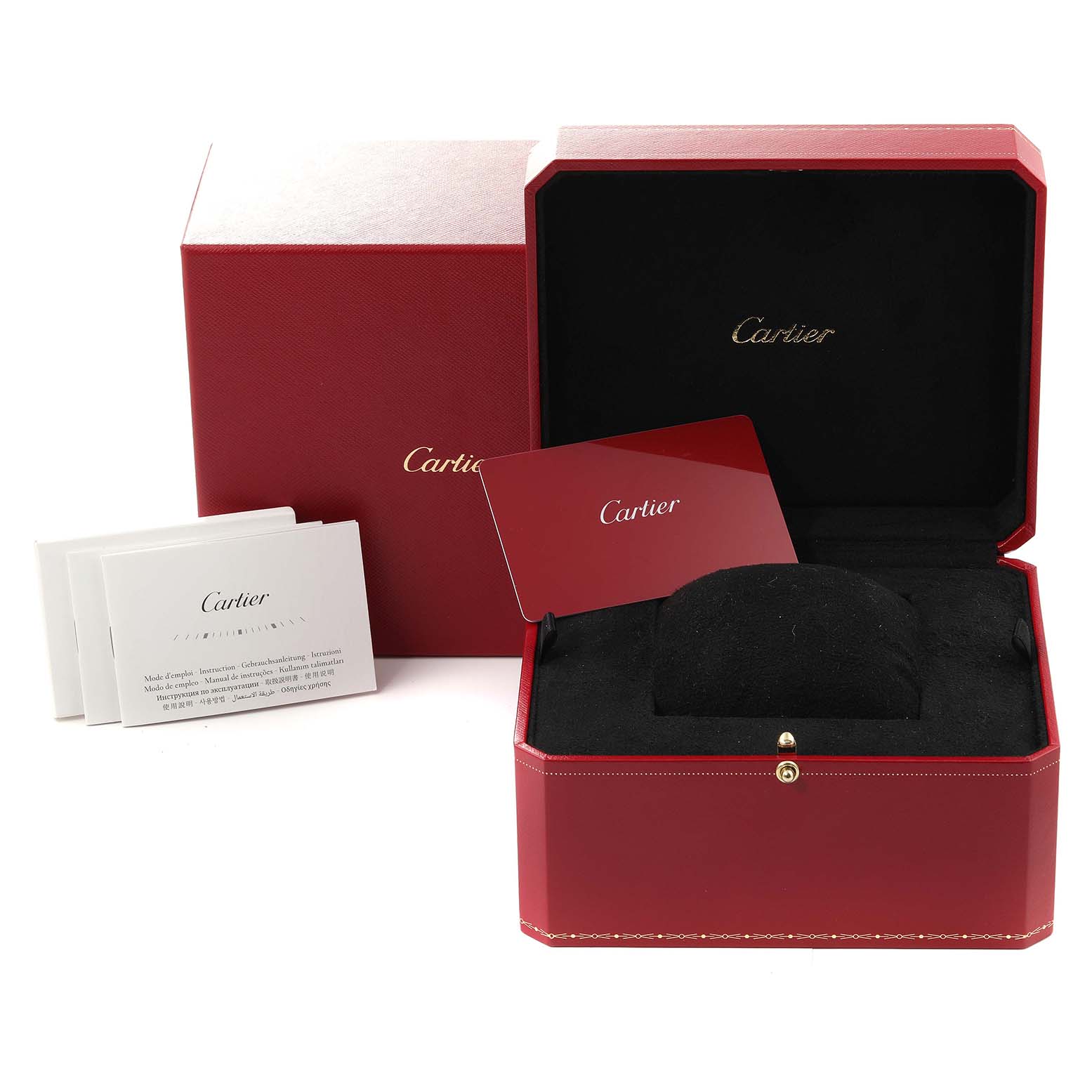 This image shows the packaging for the Panthère model by Cartier, including the watch box, paperwork, and warranty card.