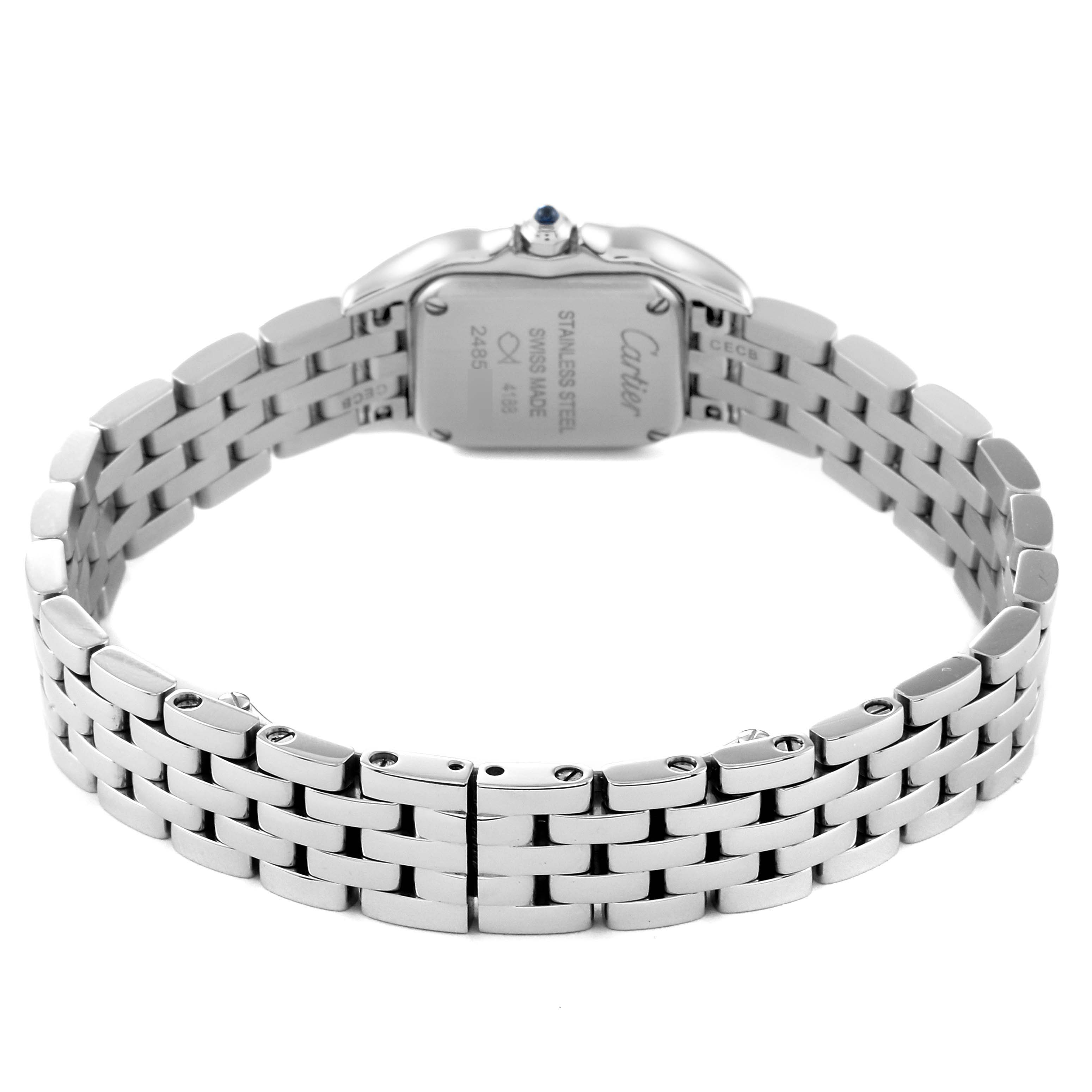 The image shows the back view of the Cartier Panthere WSPN0019 Women
s Stainless Steel Silver Dial WSPN0019 Women
s Stainless Steel Silver Dial watch, displaying its stainless steel case and bracelet.