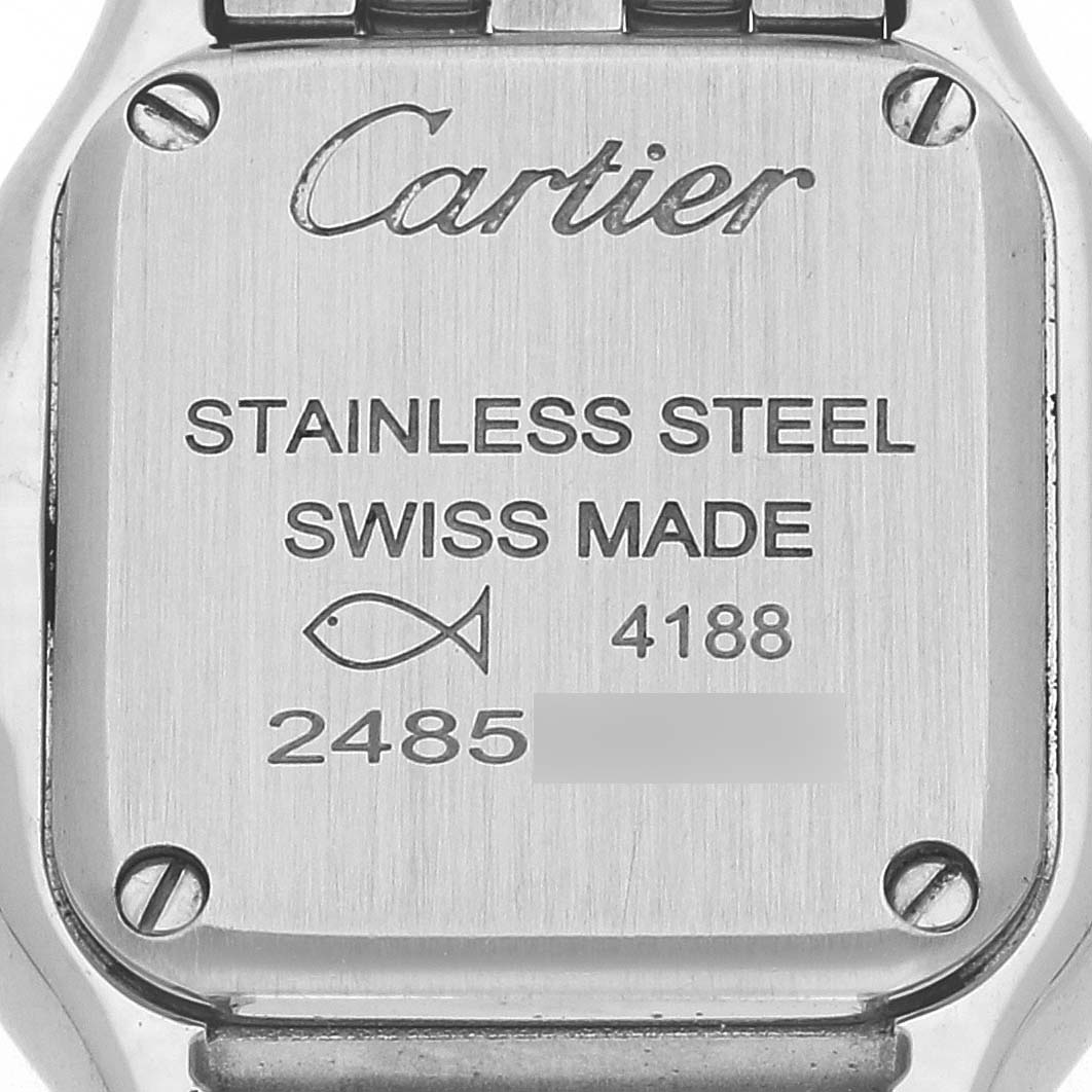 The image shows the back case of a Cartier Panthere WSPN0019 Women
s Stainless Steel Silver Dial WSPN0019 Women
s Stainless Steel Silver Dial watch, displaying "Stainless Steel," "Swiss Made," and serial numbers.
