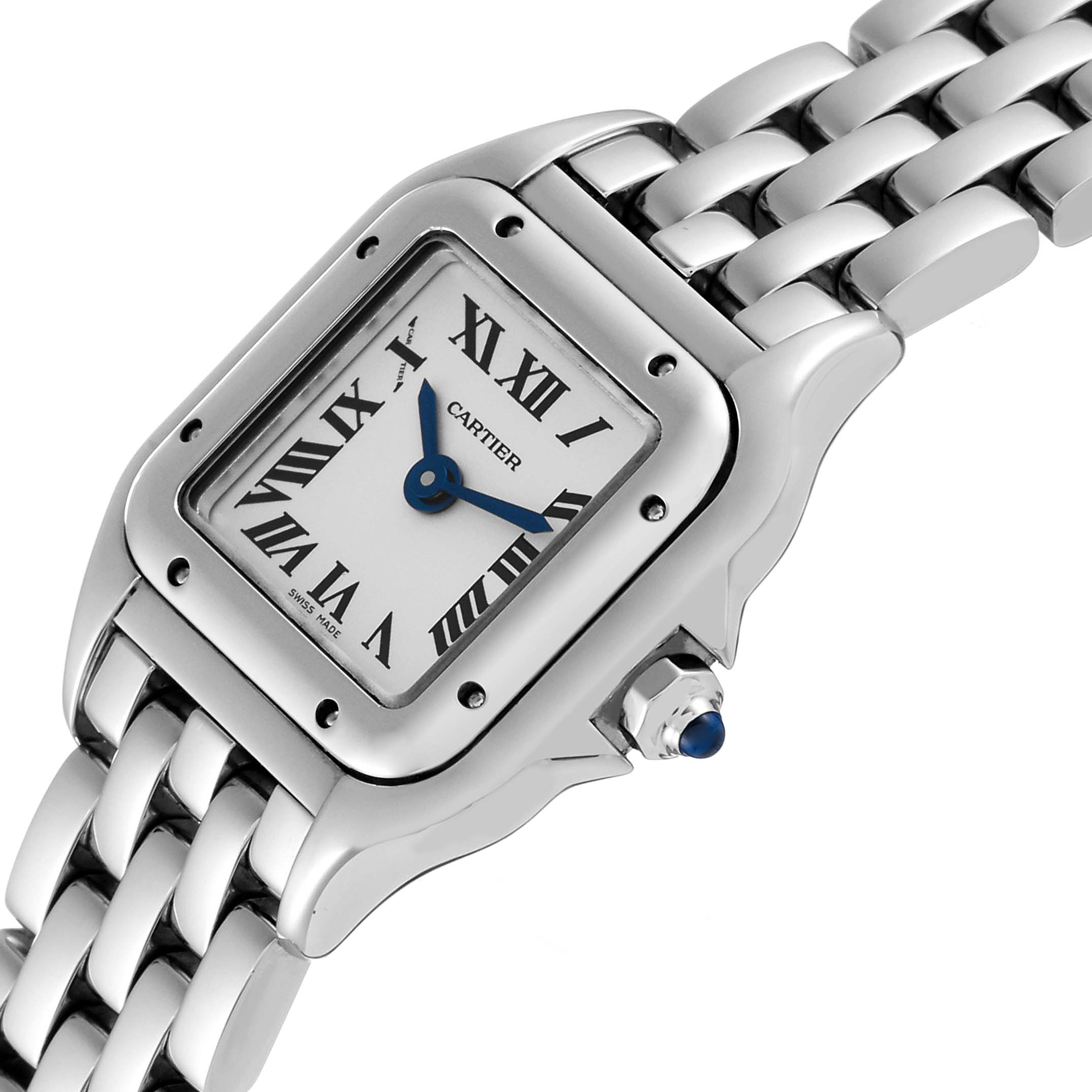 The image shows a close-up angled view of the Cartier Panthere WSPN0019 Women
s Stainless Steel Silver Dial WSPN0019 Women
s Stainless Steel Silver Dial watch, highlighting its dial, bezel, and bracelet.