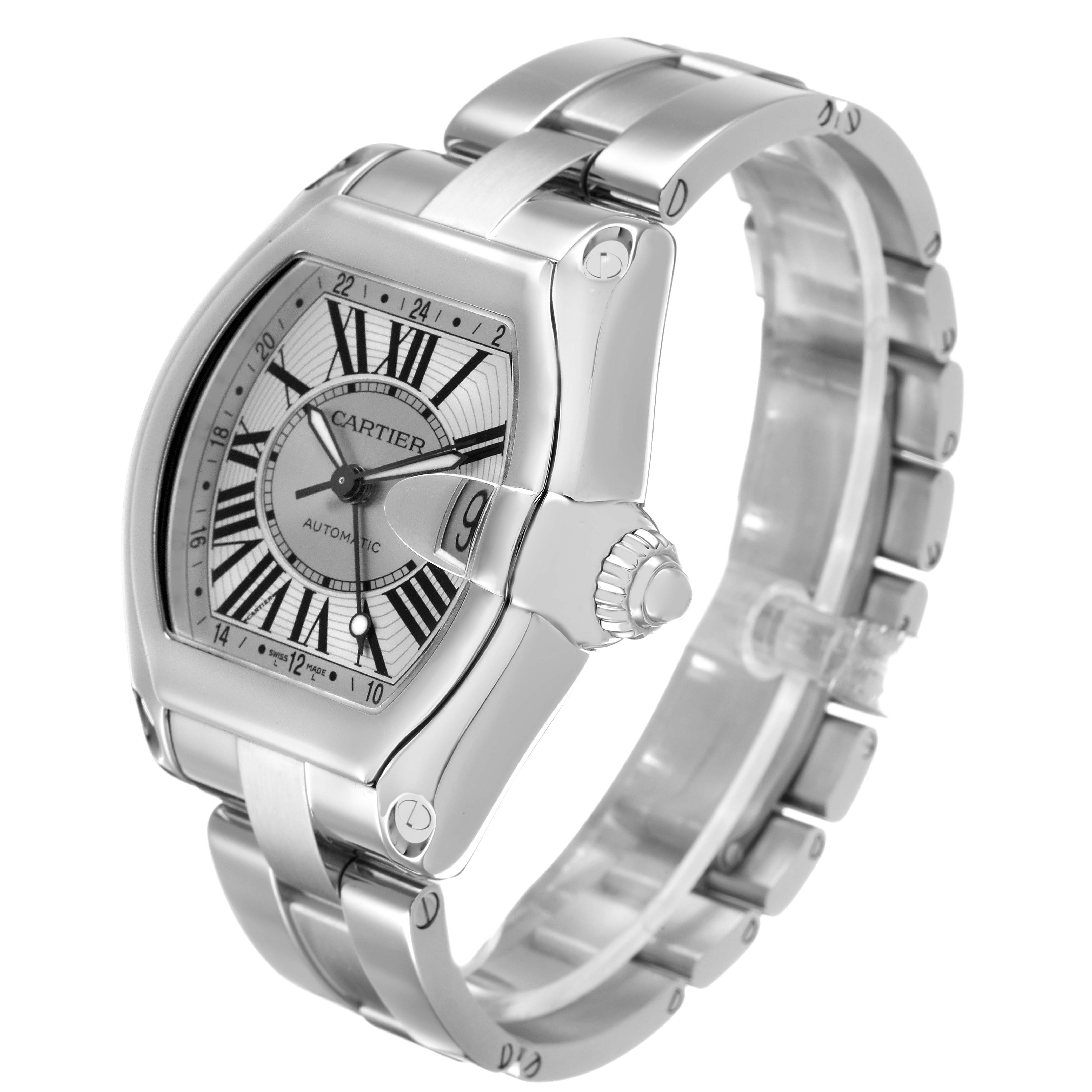 The Cartier Roadster W62032X6 Men's Stainless Steel Silver Dial watch is shown at an angled side view highlighting the dial, crown, and bracelet.