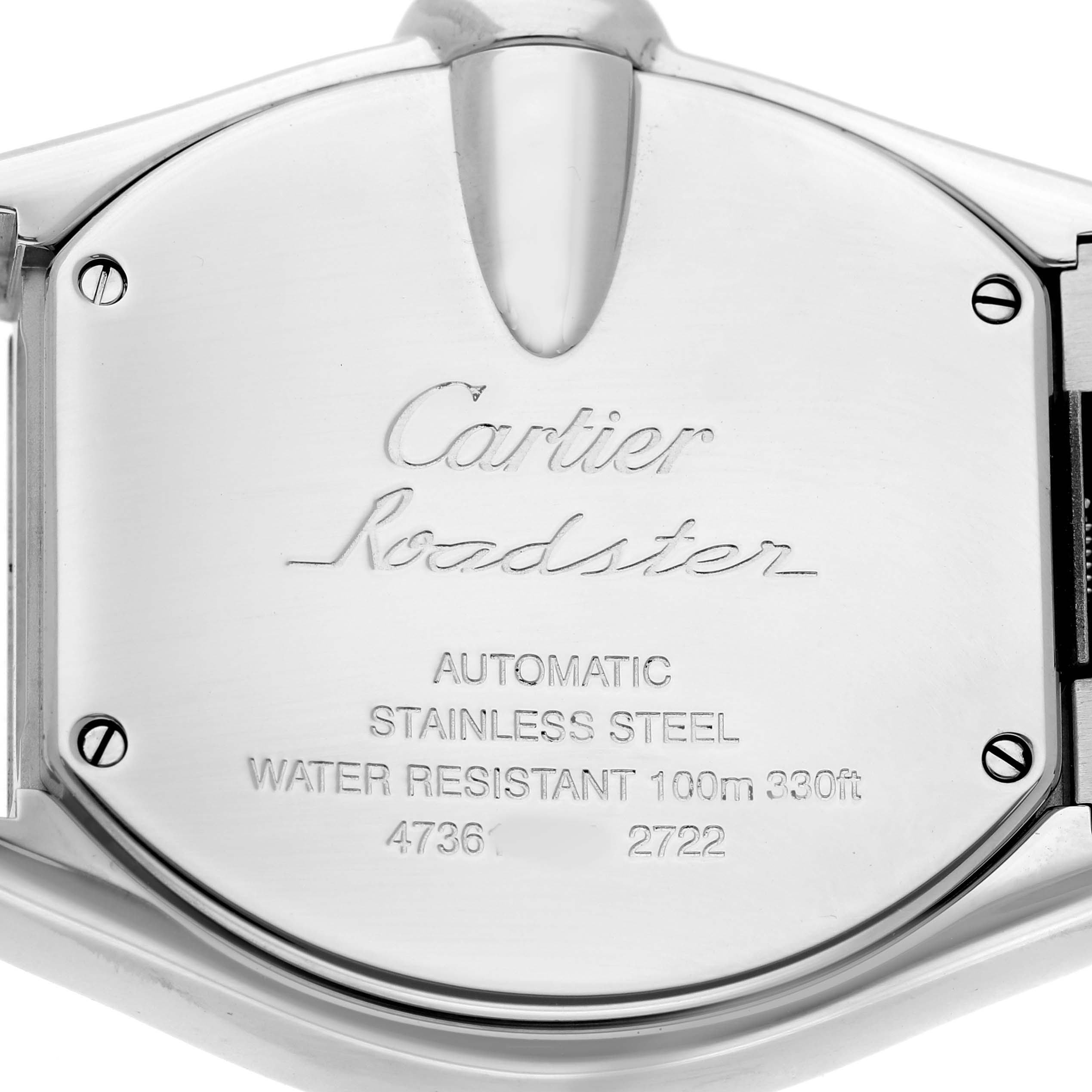 The image shows the back case of a Cartier Roadster W62032X6 Men's Stainless Steel Silver Dial watch, displaying the brand, model, and specifications.
